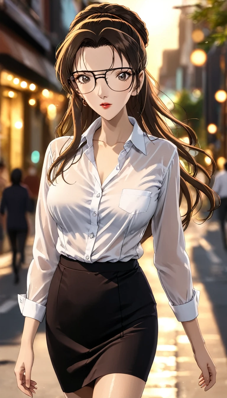 8K, high resolution, detailed face, perfect body,super high quality, absurdres, ultra detailed, Kisaki eri, mature woman, perfect body, (brown hair), (messy long hair) , on the streets, walking, sunlight, volumetric lighting, bokeh, ((tight skirt)) ((white shirt)) (open shirt) , wearing glasses, close-up photo
