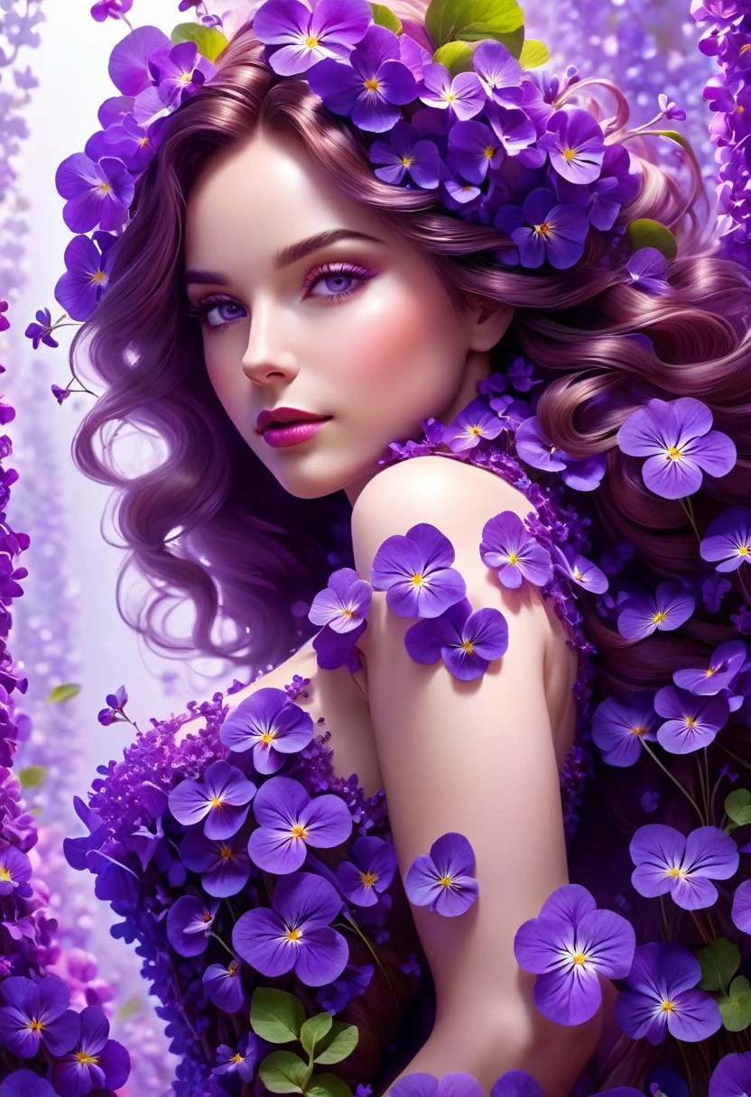 Best quality,4k, 8 K,a high resolution, masterpiece, unrepeatable, bright, perfect,well done,woman made of purple violets flowers,hips,very detailed,realistic,realistic,студийное Photo,very detailed,Dynamic,cinematic,masterpiece,difficult,HDR,Abstract fractal, romantic atmosphere, Photo, award winning