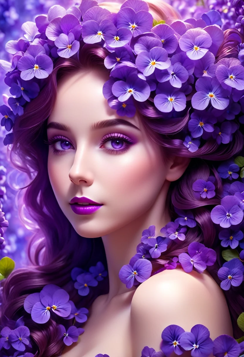 Best quality,4k, 8 K,a high resolution, masterpiece, unrepeatable, bright, perfect,well done,woman made of purple violets flowers,hips,very detailed,realistic,realistic,студийное Photo,very detailed,Dynamic,cinematic,masterpiece,difficult,HDR,Abstract fractal, romantic atmosphere, Photo, award winning