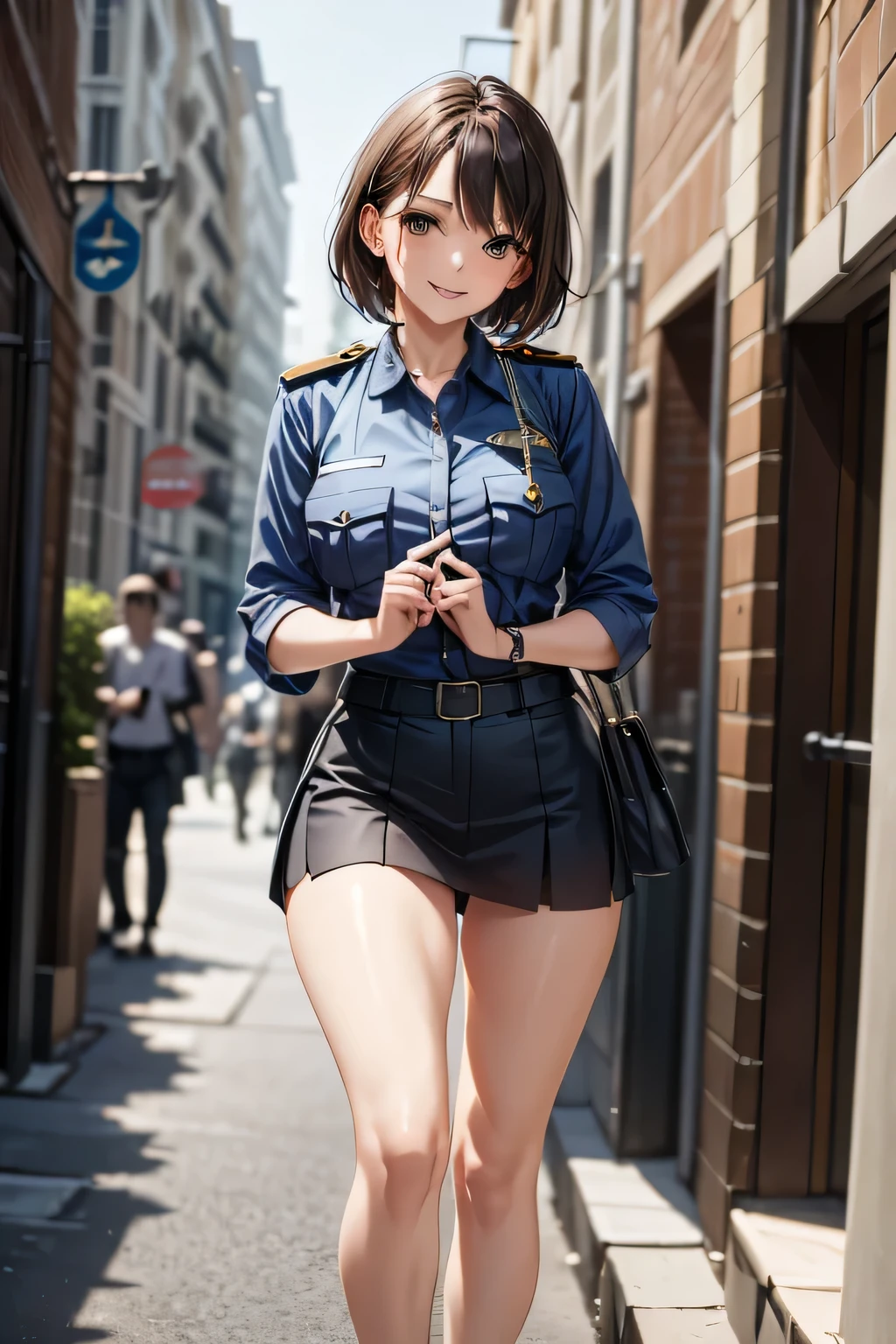 (masterpiece:1.2, Highest quality), (practical, photopractical:1.4), High quality illustrations, (Natural Side Light, Cinema Lighting), Surrealism,
View your audience, 1 female, 40 years old, Perfect Face, Glowing Skin,
(short hair, Straight hair), Brown eyes, Long eyelashes, (Large Breasts, Attractive thighs)
Beautiful Hair, Pretty face, Attention to detail, Beautiful body, Beautiful breasts, Beautiful thighs, Beautiful feet, Beautiful fingers,
(Wear a police uniform and a short skirt),
(Beautiful views), night, (street:1.2), walk, Sexy pose, (Cute Smile, Open your lips slightly)