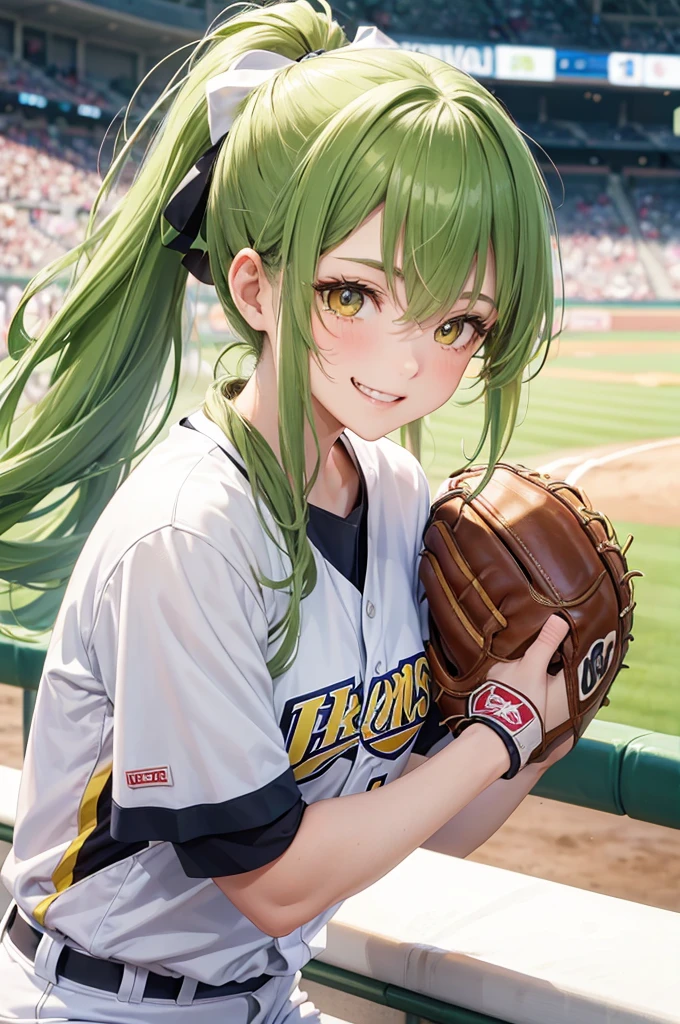 (Professional baseball style) (hand holding baseball), ( yo, a beautiful ponytail green hair long hair) (beautiful Professional baseball pitcher girl) (detailed cute yellow eyes, grin smile), (in a Fukuoka SoftBank Hawks uniform), break, in the Pitcher's Mound, background Large crowd, BREAK, perfect anatomy, masterpiece, best quality, 16k, beautiful detailed grow, daydreaming expression.