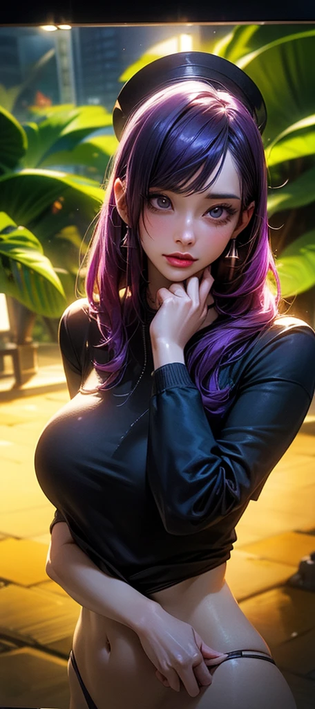 a beautiful detailed woman with long purple hair, extremely detailed face and eyes, dramatic lighting, dramatic colors, photorealistic, high quality, professional, cinematic, glowing skin, tropical plants, big breasts, shirt, hat, (best quality,4k,8k,highres,masterpiece:1.2),ultra-detailed,(realistic,photorealistic,photo-realistic:1.37),HDR,UHD,studio lighting,ultra-fine painting,sharp focus,physically-based rendering,extreme detail description,vivid colors,bokeh,portraits