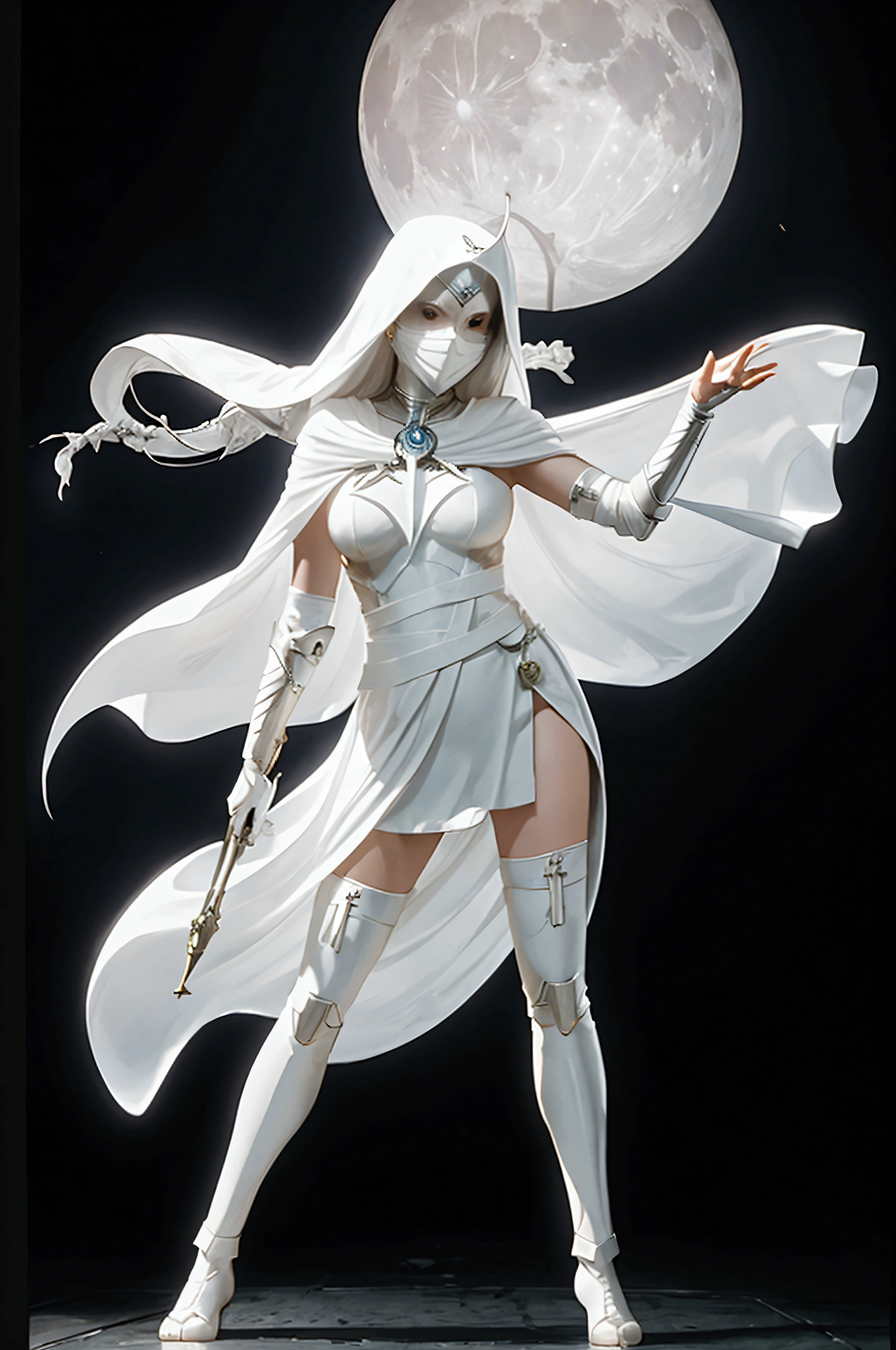 Full Body Pose, Beautieful Female Moon Knight, Marvel Comics, white Costume, white full face bandaged mask, white floating cloak, Moon Knight playing on a Banjo, Night Scene in an egyptian Museum