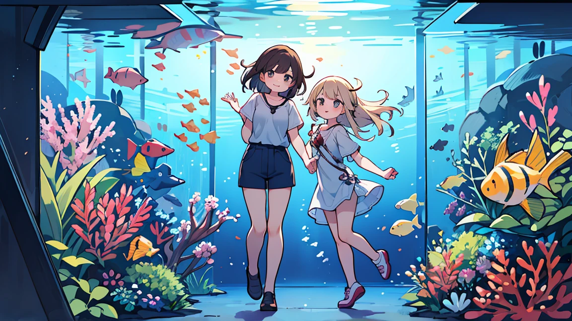 (masterpiece, best quality,4K),2 women,adult, different hair colors, different faces,Visit the aquarium ,Undersea Tunnel Aquarium,casual attire,Refined,Full-body full shot,smile brightly,realistic,