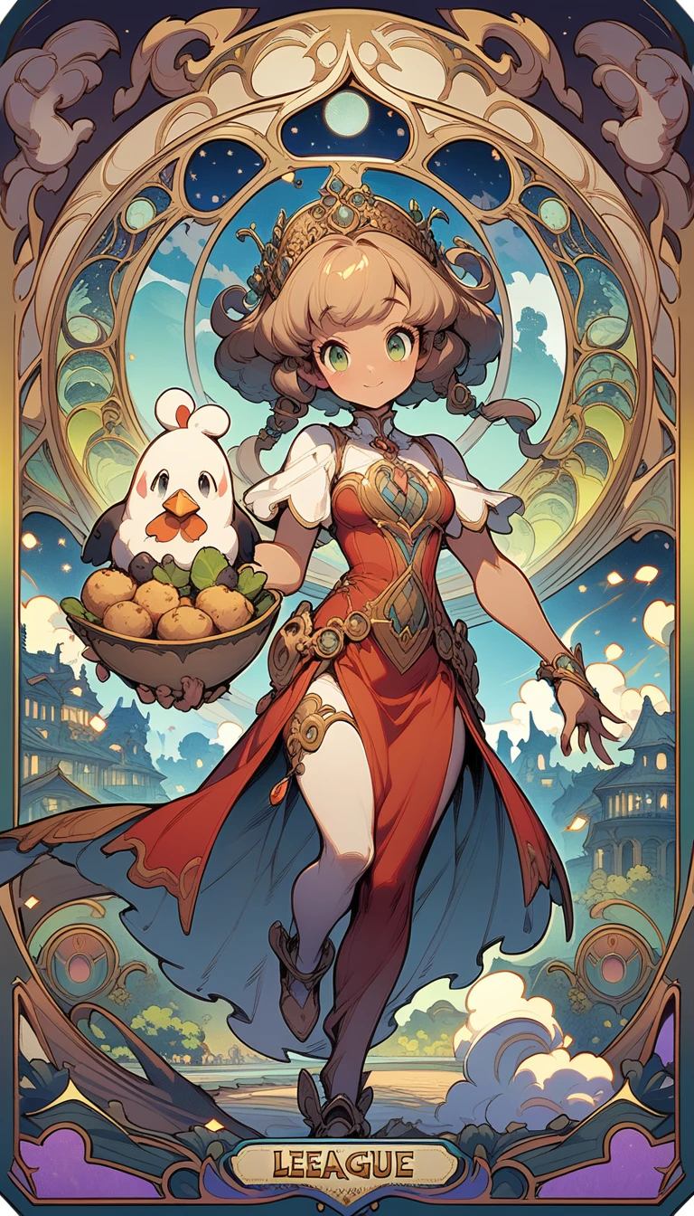 ((best quality)) , ((masterpiece)) , (detailed),a cartoon chicken dressed as an astronaut, holding bowl of food in his hand and flying over the city with some characters running away from him, league of legends splash art,(art nouveau style , elegant, decorative, curvilinear forms, nature-inspired, ornate, detailed),(Fairy tale Dumb, Magical, fantastical, enchanting, storybook style, highly detailed)