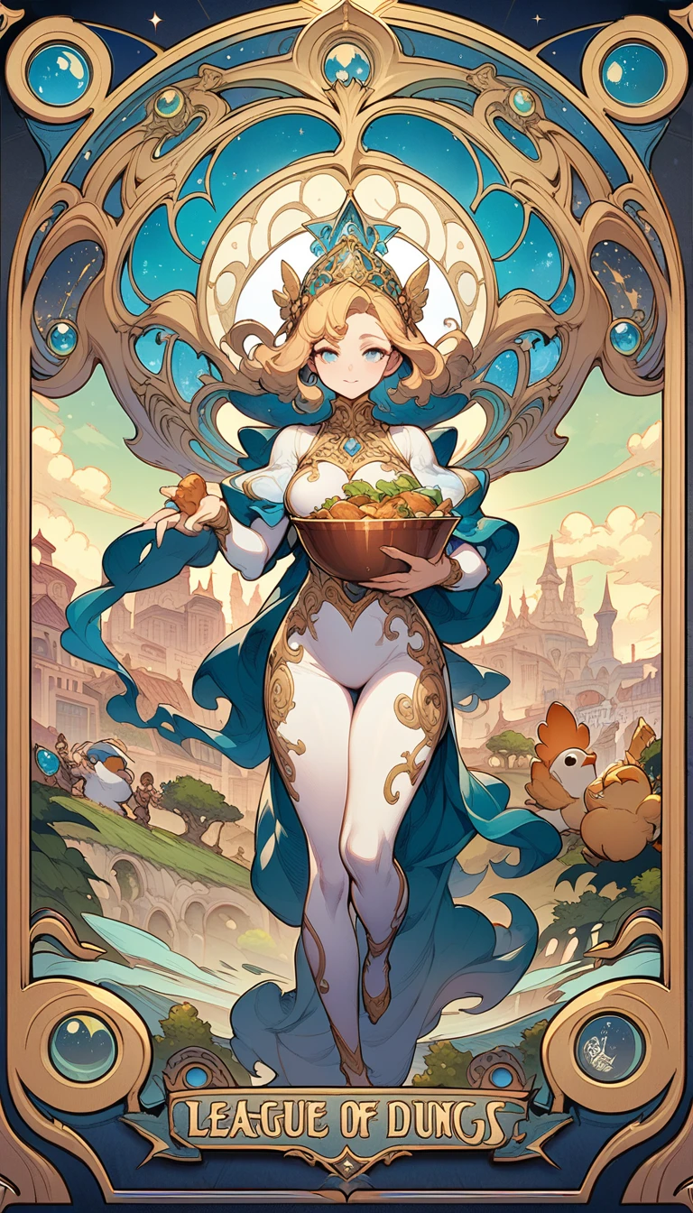 ((best quality)) , ((masterpiece)) , (detailed),a cartoon chicken dressed as an astronaut, holding bowl of food in his hand and flying over the city with some characters running away from him, league of legends splash art,(art nouveau style , elegant, decorative, curvilinear forms, nature-inspired, ornate, detailed),(Fairy tale Dumb, Magical, fantastical, enchanting, storybook style, highly detailed)