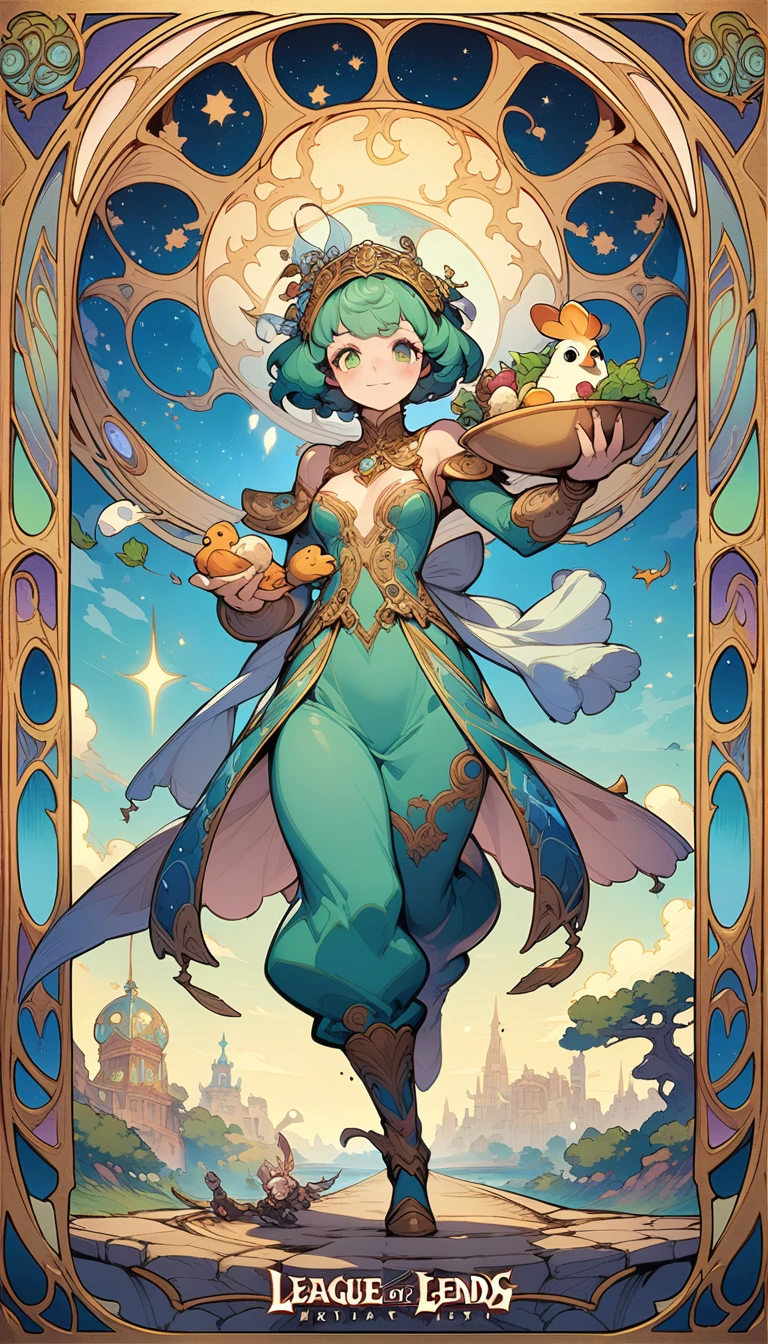 ((best quality)) , ((masterpiece)) , (detailed),a cartoon chicken dressed as an astronaut, holding bowl of food in his hand and flying over the city with some characters running away from him, league of legends splash art,(art nouveau style , elegant, decorative, curvilinear forms, nature-inspired, ornate, detailed),(Fairy tale Dumb, Magical, fantastical, enchanting, storybook style, highly detailed)