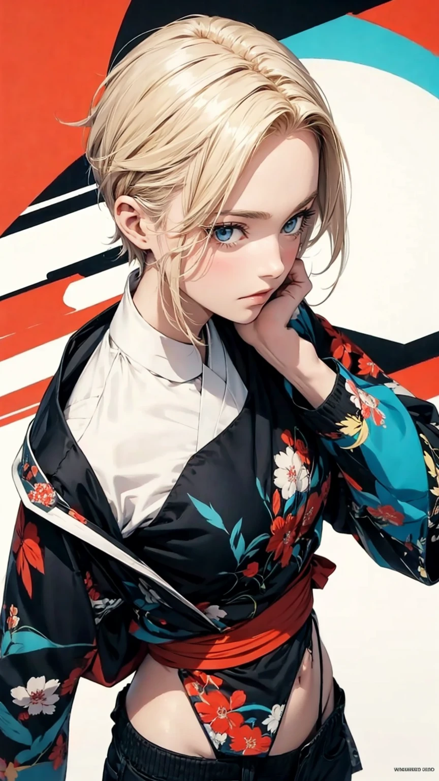Top view, Woman with asymmetrical blonde short hair, Hands in pockets, Coordination of Japanese patterned blouson and micro mini shorts:1.2, Abstract background, mixed-media approach, Anime Style, Simple lines, Digital Painting, (masterpiece, High resolution, Highest quality)