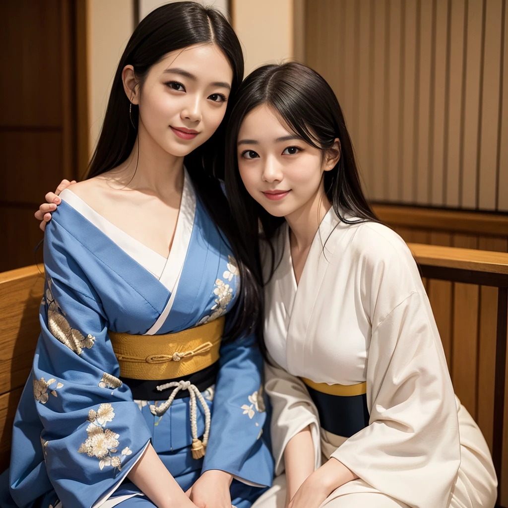 The upper body of a Japanese woman wearing a kimono with a delicate white and gold pattern。She sits elegantly、Long black hair hanging over her shoulders。With a quiet smile、Drop your gaze a little lower、Emphasizing traditional Japanese beauty