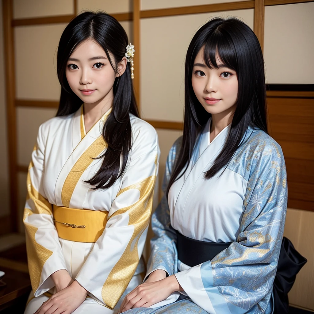 The upper body of a Japanese woman wearing a kimono with a delicate white and gold pattern。She sits elegantly、Long black hair hanging over her shoulders。With a quiet smile、Drop your gaze a little lower、Emphasizing traditional Japanese beauty