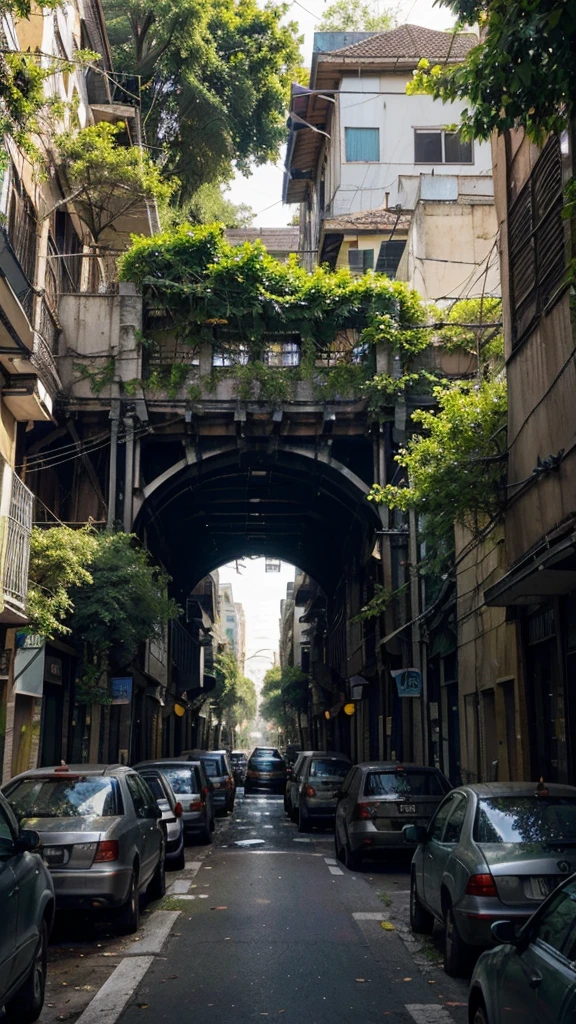 A juxtaposition of a busy urban area being overtaken by nature. Trees and vines growing over buildings and streets, with wildlife making its way through the once-bustling city. The image should contrast the man-made environment with the reclaiming force of nature
