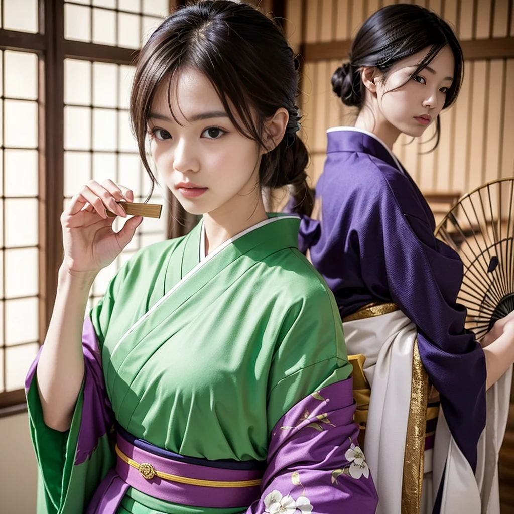 A Japanese woman wearing a beautiful green and purple kimono、A depiction of the upper body elegantly holding a folding fan。Her expression is calm、The hand holding the fan is carefully drawn.。Creates an elegant and sophisticated Japanese atmosphere