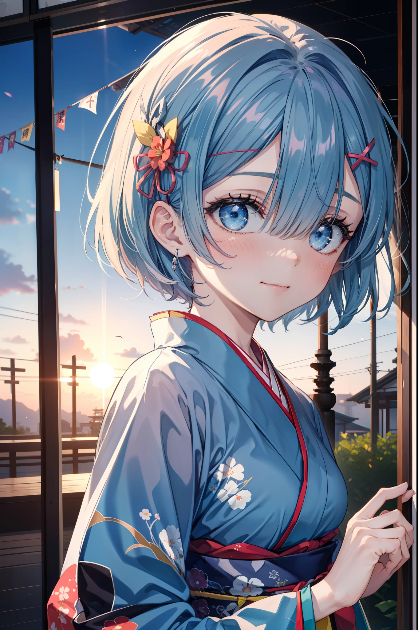 rezeroRem, Rem, blue eyes, Blue Hair, hair ornaments, Hair on one eye, hair ribbon, short hair, x hair ornaments,Blue Kimono,smile,blush,Open your mouth,whole bodyがイラストに入るように,evening,sunset,The sun is setting,日本のfestival,夏festivalの屋台,Red lantern,
break outdoors, festival,
break looking at viewer,whole body, (Cowboy Shot:1. 5),
break (masterpiece:1.2), Highest quality, High resolution, unity 8k wallpaper, (figure:0.8), (Beautiful attention to detail:1.6), extRemely detailed face, Perfect lighting, extRemely detailed CG, (Perfect hands, Perfect Anatomy),