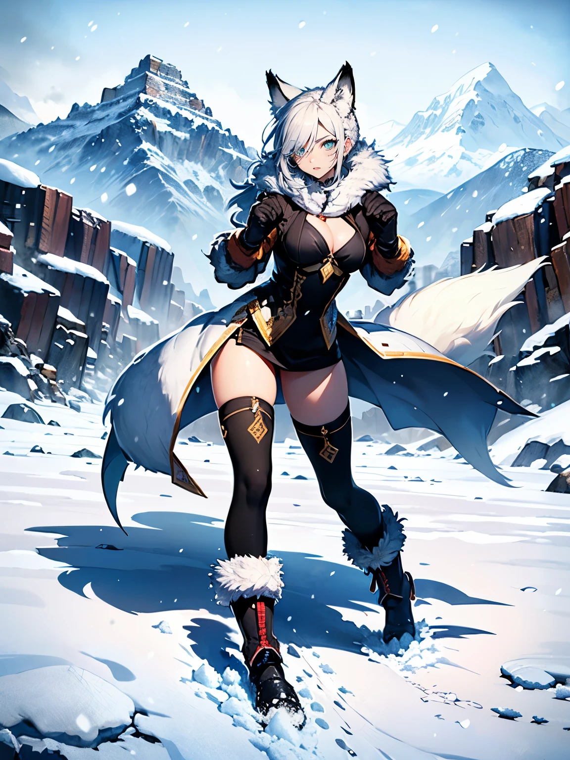 ((Seductive lady:1.3, solo:1.2))、((fusion of fox and lady:1.2))、((winter mountains:1.4))、((It's snowing:1.2))、((blizzard:1.5))、((blizzard effect:1.3))、((pelts clothes:1.2))、((fur boots))、((slant eyes:1.2))、((be wide open legs:1.3))、((dynamism posing:1.3))、((full body))、((Meticulously drawn hands:1.2))、((Glossy realistic skin texture))、((shiny skin))、((Meticulously drawn hands:1.2))、perfect anatomy、masterpiece, ultra-detailliert, 8k, hiquality, Top image quality, Smooth texture、watercolor