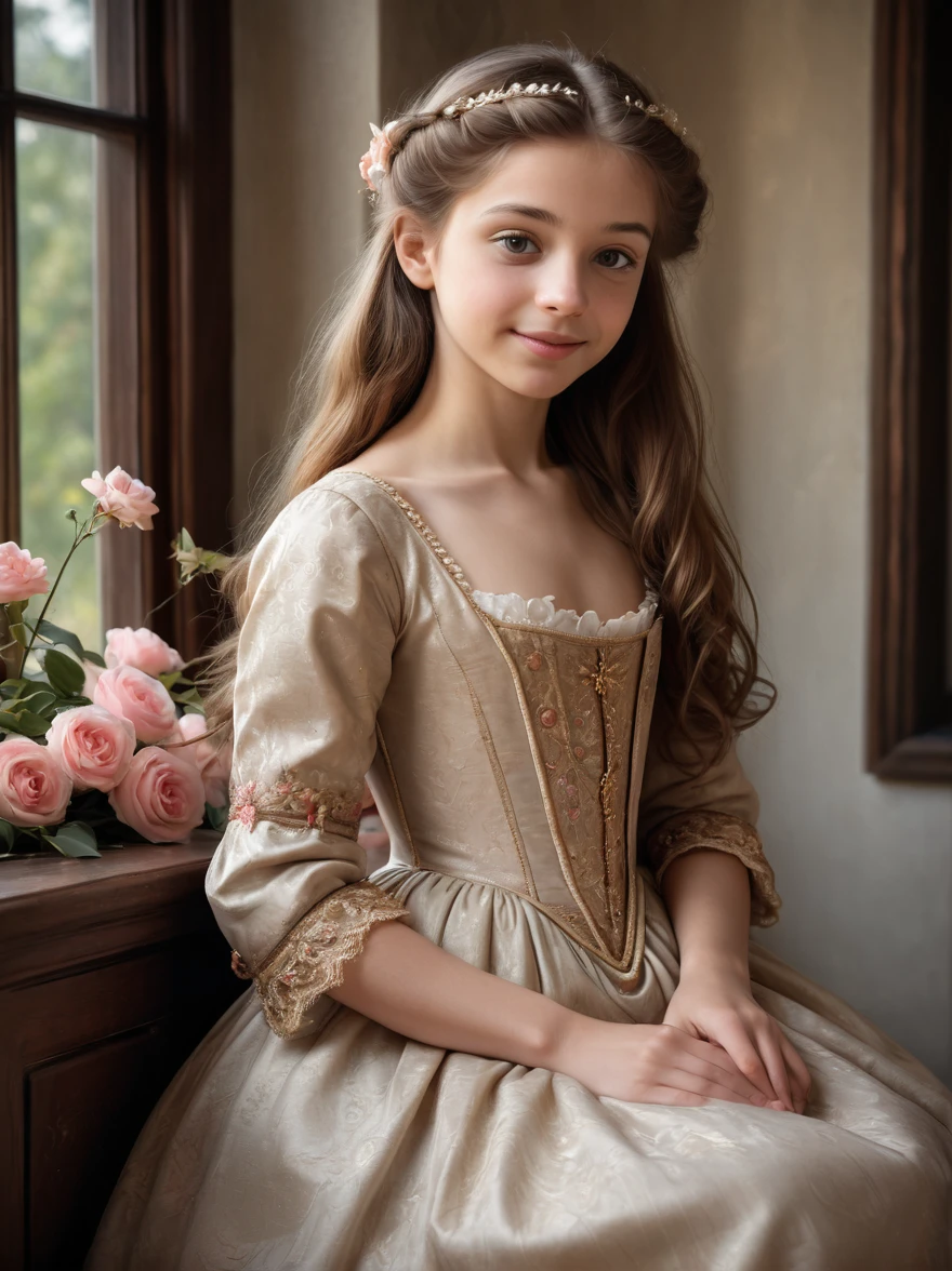 (best quality,4k,8k,highres,masterpiece:1.2), ultra-detailed, (realistic,photorealistic,photo-realistic:1.37),In the portrait of this enchanting 10-year-old girl, the daughter of a prosperous merchant during the flourishing 17th century in the Netherlands, every brushstroke captures the essence of her youth and nude innocence. Her golden locks cascade in gentle waves, adorned with ribbons and pearls that speak of her family's affluence. Each curl seems to dance in the light, framing her cherubic face with an air of purity and grace. Her eyes, wide and bright, reflect the curiosity and wonder of childhood, as if every glance is filled with endless possibilities. Her rosy cheeks flush with vitality, a testament to her health and happiness in the embrace of her privileged upbringing. A delicate dimple graces her smile, adding a touch of sweetness to her countenance that is as charming as it is captivating. Dressed in the finest silks and lace, her gown whispers softly with every movement, a symphony of luxury and refinement. Embroidered motifs and intricate details adorn her attire, showcasing the exquisite craftsmanship of the era and her family's esteemed status in society. In her hands, she holds a posy of fresh flowers, their vibrant colors mirroring the bloom of her youth. With each delicate petal, she seems to embody the essence of spring itself, a beacon of hope and renewal in a world filled with uncertainty. This portrait of the 12-year-old daughter of a prosperous Dutch merchant is not just a representation of beauty; it's a window into a bygone era of elegance, privilege, and the timeless innocence of youth.

