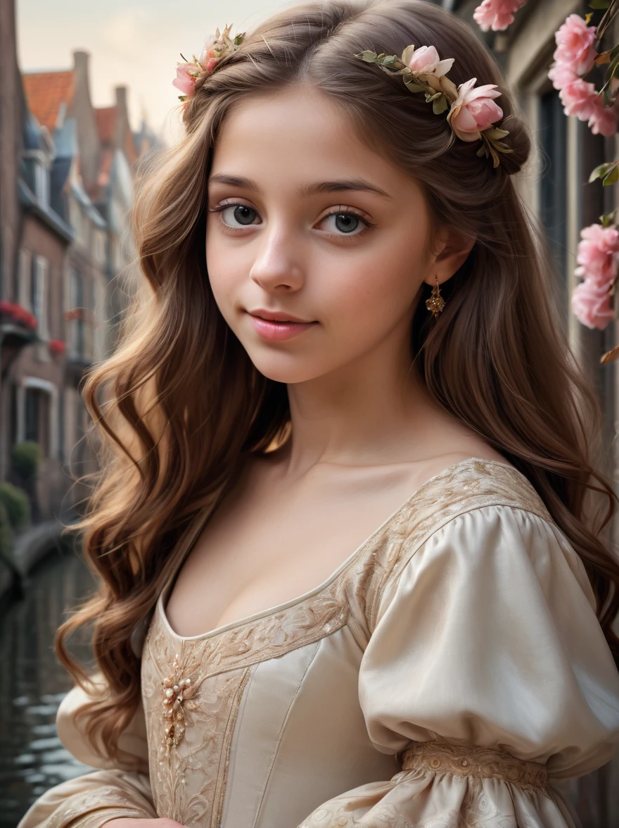 (best quality,4k,8k,highres,masterpiece:1.2), ultra-detailed, (realistic,photorealistic,photo-realistic:1.37),In the portrait of this enchanting 10-year-old girl, the daughter of a prosperous merchant during the flourishing 17th century in the Netherlands, every brushstroke captures the essence of her youth and nude innocence. Her golden locks cascade in gentle waves, adorned with ribbons and pearls that speak of her family's affluence. Each curl seems to dance in the light, framing her cherubic face with an air of purity and grace. Her eyes, wide and bright, reflect the curiosity and wonder of childhood, as if every glance is filled with endless possibilities. Her rosy cheeks flush with vitality, a testament to her health and happiness in the embrace of her privileged upbringing. A delicate dimple graces her smile, adding a touch of sweetness to her countenance that is as charming as it is captivating. Dressed in the finest silks and lace, her gown whispers softly with every movement, a symphony of luxury and refinement. Embroidered motifs and intricate details adorn her attire, showcasing the exquisite craftsmanship of the era and her family's esteemed status in society. In her hands, she holds a posy of fresh flowers, their vibrant colors mirroring the bloom of her youth. With each delicate petal, she seems to embody the essence of spring itself, a beacon of hope and renewal in a world filled with uncertainty. This portrait of the 12-year-old daughter of a prosperous Dutch merchant is not just a representation of beauty; it's a window into a bygone era of elegance, privilege, and the timeless innocence of youth.
