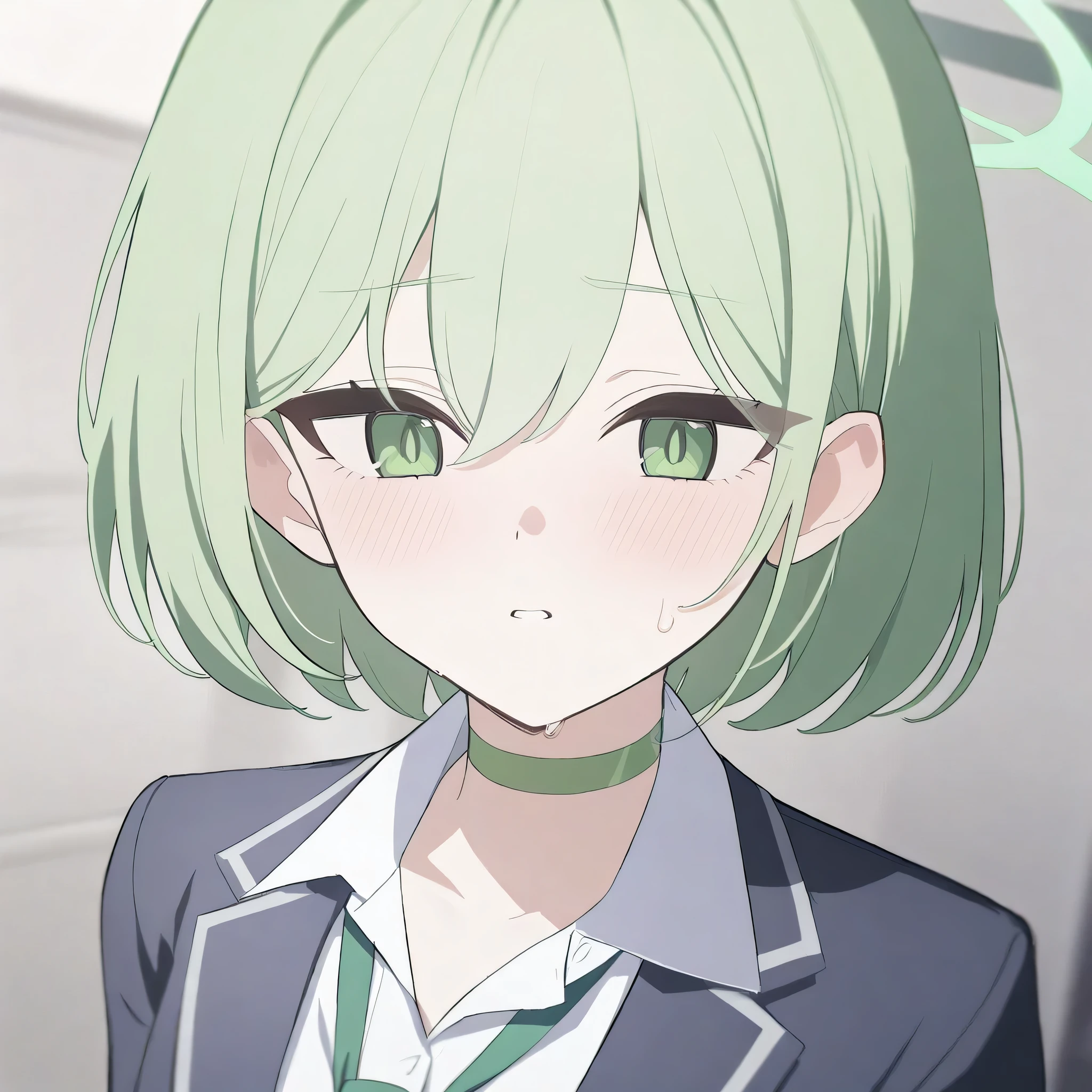 \(blue_archive\) best_quality newest_Light green hair_green eyes_Short hair_Green halo_School uniforms_green necktie_Very dark green choker_1girl_teenager_19 years old_selfish