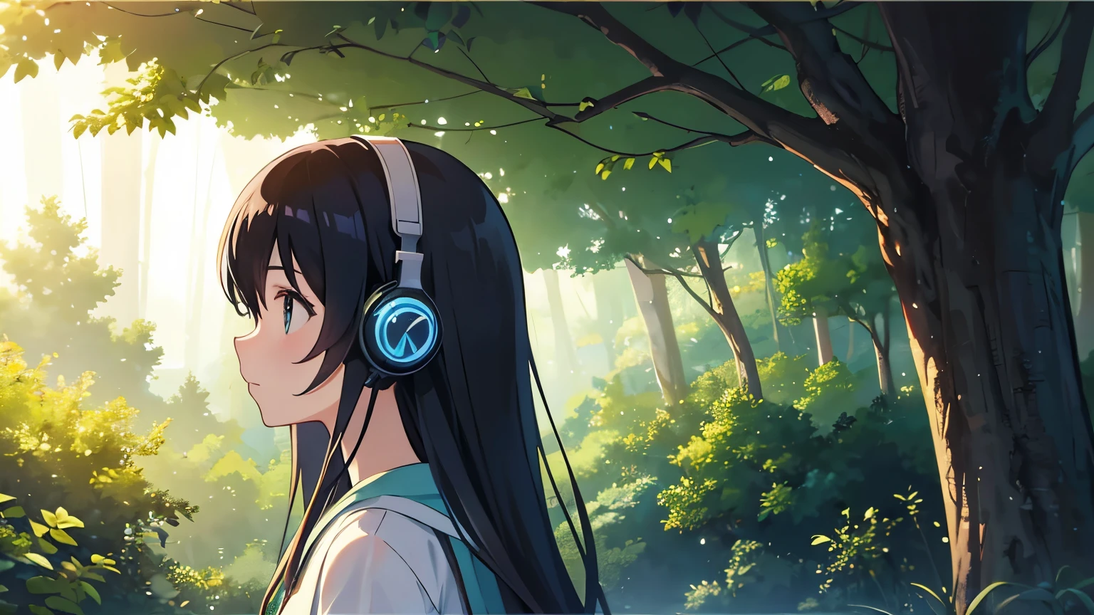 in the forest、Girl listening to music with headphones、cute、Makoto Shinkai!!, Makoto Shinkai style,Long Hair、cute、