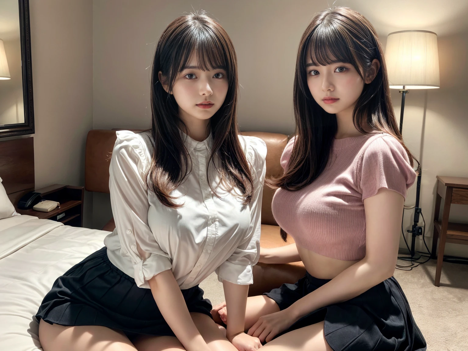 masterpiece, best quality, illustration, Super detailed, fine details, High resolution, 8K,wall paper, perfect dynamic composition,(Details High quality, realistic depiction of eyes:1.3), (2 girls), pink frilled shirt blouse, Black Frilled skirt, sitting, open legs, short bob hair, in a hotel room in the background, deep on field, large breasts, black hair color, Big Natural Color Lip, (perfect body shape), crying a little、Harajuku style、20 year old girl、cute type、beautiful legs, Gravure Idol
