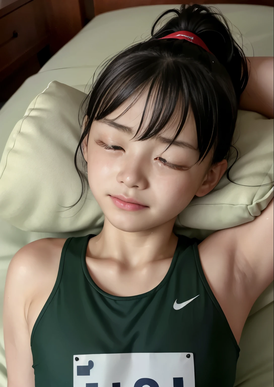 (Highest quality, masterpiece), (Beautiful Japanese girl), (freckles:0.6), ponytail, Track and field athlete,Grimacing、((Frowning、Crying face))、Sweaty、close your eyes tight、Blink、((close your eyes、Are sleeping)),