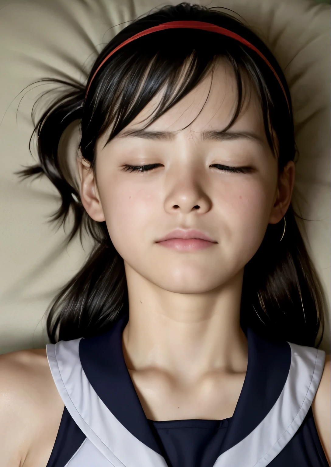 (Highest quality, masterpiece), (Beautiful 11 year old Japanese girl), (freckles:0.6), ponytail,  Track and field athlete,Grimacing、((Frowning、Crying face))、Sweaty、close your eyes tight、Blink、((close your eyes、Are sleeping)),