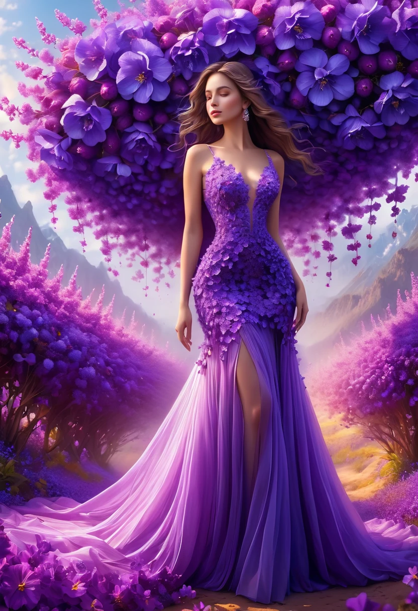 Best quality,4k, 8 K,a high resolution, masterpiece, unique, bright, perfect, well done, woman and long dress made of purple flowers, hips, very detailed,realistic, realistic,студийное Photo,Very detailed,Dynamic,cinematic,masterpiece,difficult,HDR , Abstract fractal, romantic atmosphere, Photo, award-winning