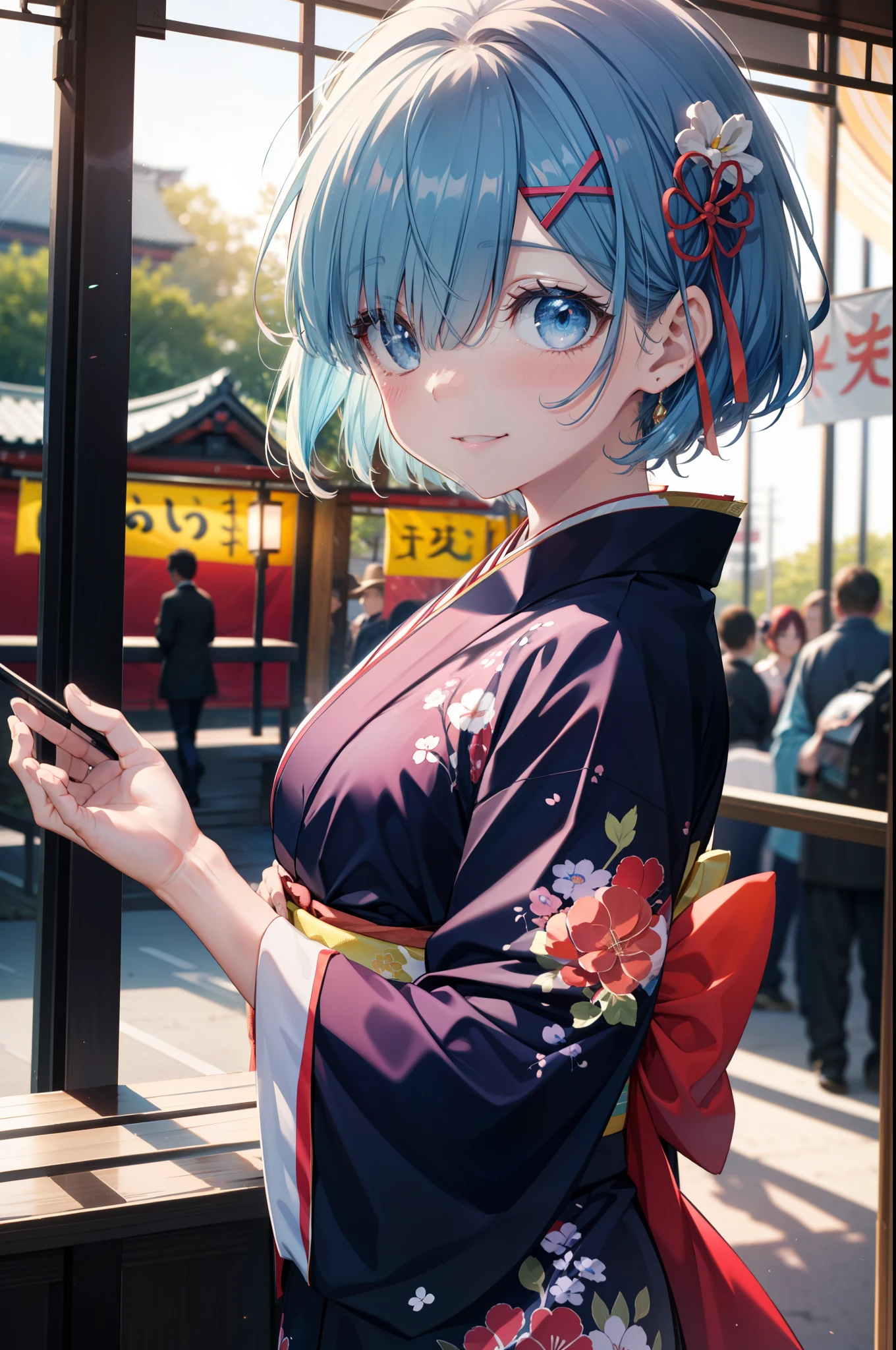 rezeroRem, Rem, blue eyes, Blue Hair, hair ornaments, Hair on one eye, hair ribbon, short hair, x hair ornaments,Blue Kimono,smile,blush,Open your mouth,whole bodyがイラストに入るように,evening,sunset,The sun is setting,日本のfestival,夏festivalの屋台,Red lantern,
break outdoors, festival,
break looking at viewer,whole body, (Cowboy Shot:1. 5),
break (masterpiece:1.2), Highest quality, High resolution, unity 8k wallpaper, (figure:0.8), (Beautiful attention to detail:1.6), extRemely detailed face, Perfect lighting, extRemely detailed CG, (Perfect hands, Perfect Anatomy),