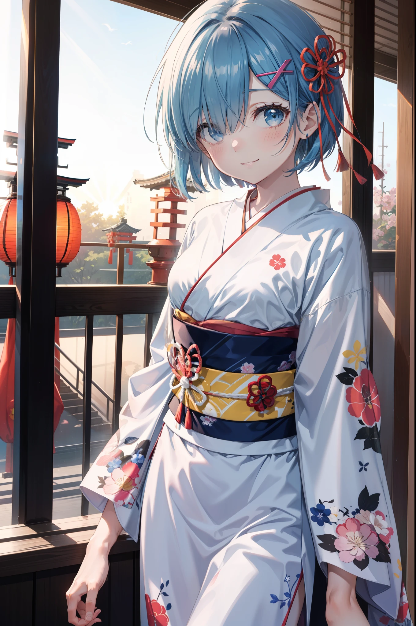rezeroRem, Rem, blue eyes, Blue Hair, hair ornaments, Hair on one eye, hair ribbon, short hair, x hair ornaments,Blue Kimono,smile,blush,Open your mouth,whole bodyがイラストに入るように,evening,sunset,The sun is setting,日本のfestival,夏festivalの屋台,Red lantern,
break outdoors, festival,
break looking at viewer,whole body, (Cowboy Shot:1. 5), 
break (masterpiece:1.2), Highest quality, High resolution, unity 8k wallpaper, (figure:0.8), (Beautiful attention to detail:1.6), extRemely detailed face, Perfect lighting, extRemely detailed CG, (Perfect hands, Perfect Anatomy),
