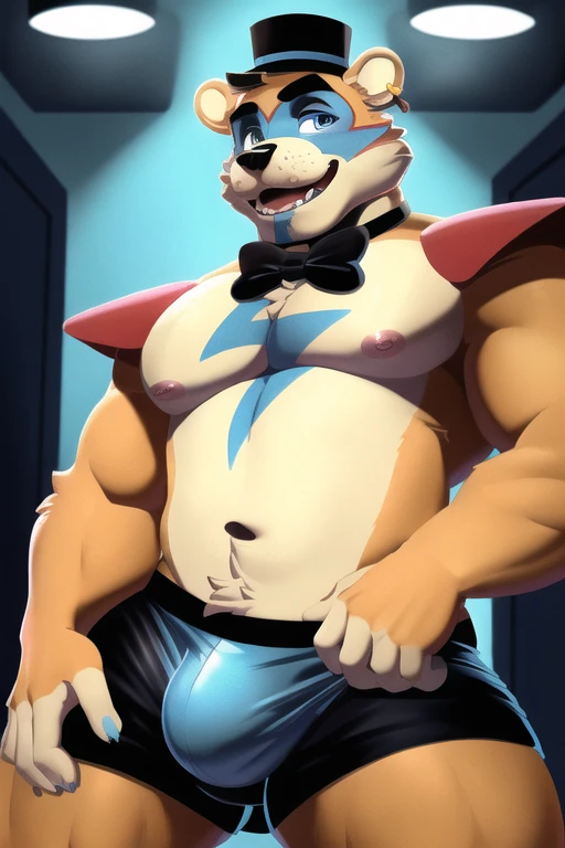 (Best quality, highest quality, digital art, complicated, highres, 8k, anthropomorph, furry, uploaded_An_e621:1.4), furry male anthro glamrockfreddy, Bear cub, Body fur, Viewers look at, Bulge, satisfied, closed mouth, seductive, g-string. He has a big ass. He presents it. Seductive facial expression .Huge bulge in his black boxers 