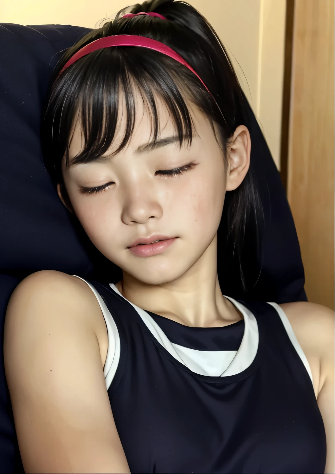 (Highest quality, masterpiece), (Beautiful 11 year old Japanese girl), (freckles:0.6), ponytail,  Track and field athlete,Grimacing、((Frowning、Crying face))、Sweaty、close your eyes tight、Blink、((close your eyes、Are sleeping)),