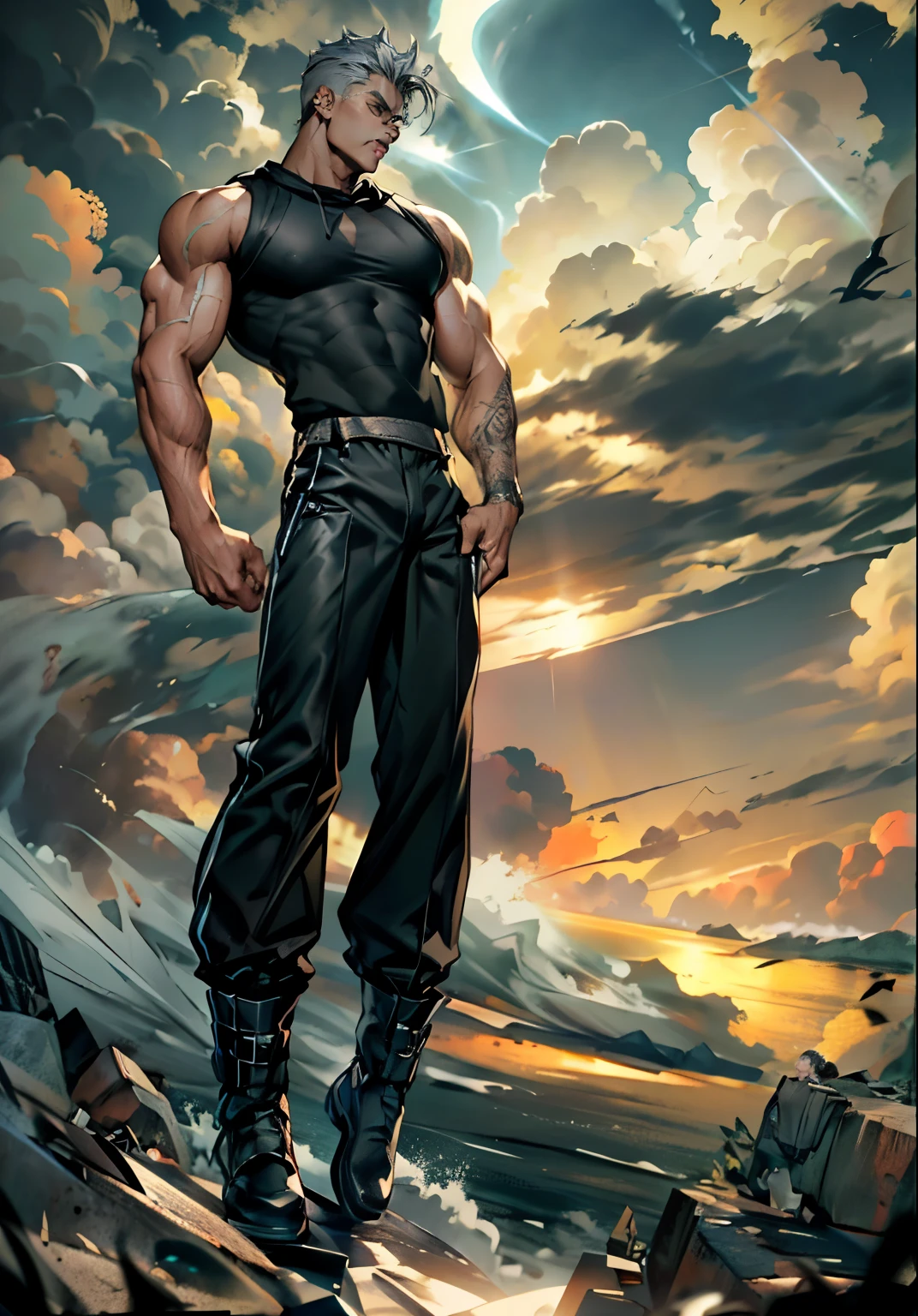 1boys, 26 Years old, Serious face, (((muscular))), ((black sleeveless sweater, hoodie)), black pants, gray hair, standing in ocean, storm weather,