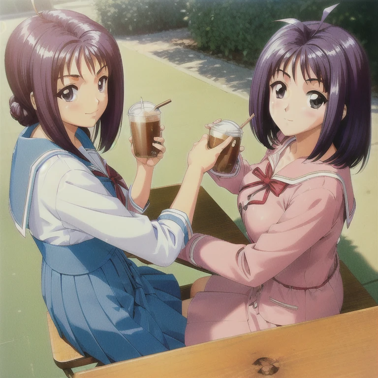 ((masterpiece)),((Ayako Katagiri)),((Katagiri Ayako)),((Mischievous Smile)),Anatomically perfect fingers,(((Kirameki High School Uniform))),(((Stylish cafe))),(((A moment of summer))),(((Drinking iced coffee)))