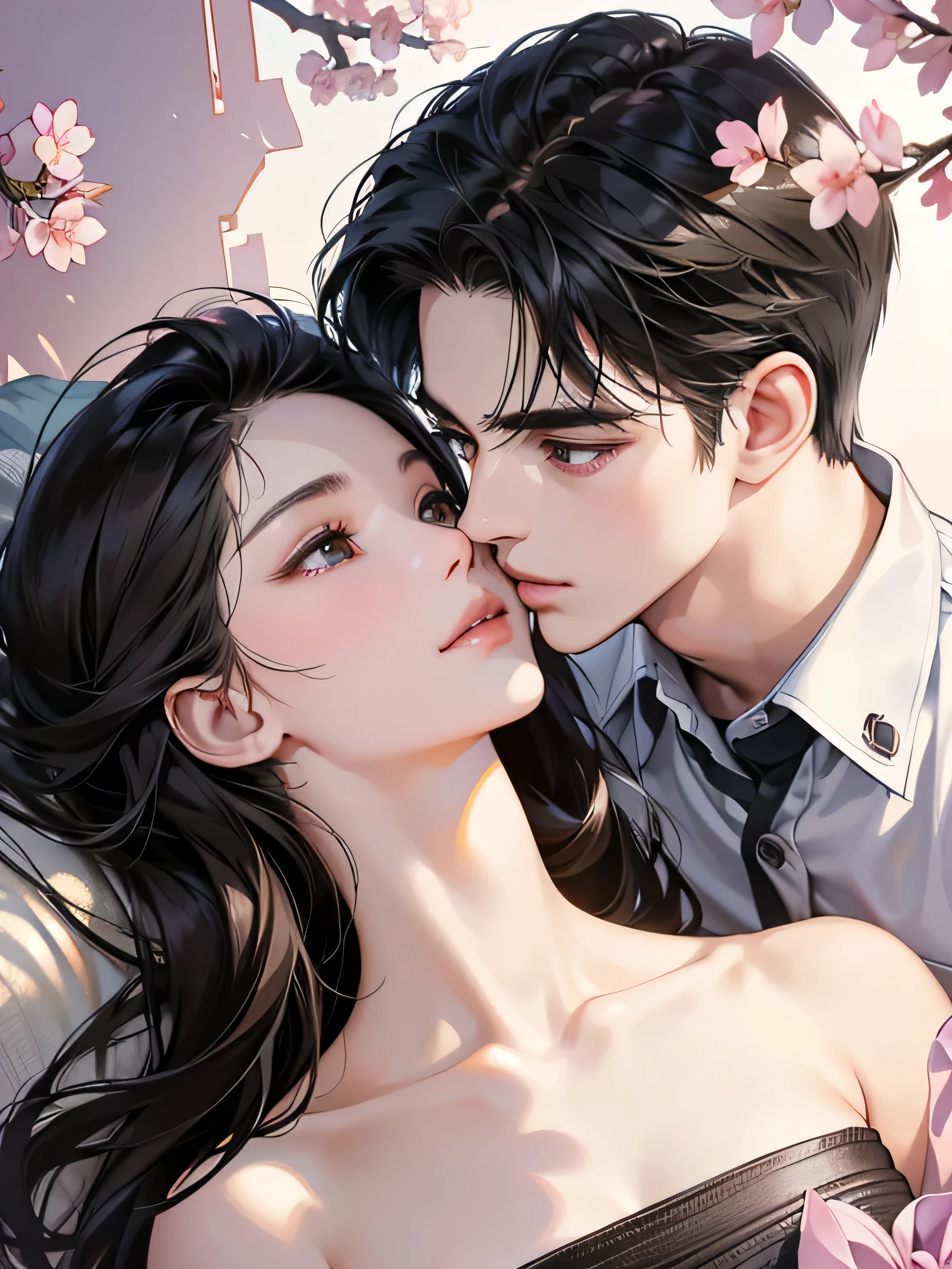 (masutepiece, Digital Art, Digital Illustration, 4K, 8K, Ultra-detailed, beautiful image, Sharp Image, Photorealistic, Raw photo, Perfect face, Perfect lines, Perfect eyes, Soft lighting) , a couple, 1 girl 1 boy, Hair color is different, Medium black hair and brown eyes, Short black hair and gray eyes, Romance, Lie on the ground, See the cherry blossoms、the kiss、Kissing、a couple、Lip touch, พื้นหลังเรียบๆ