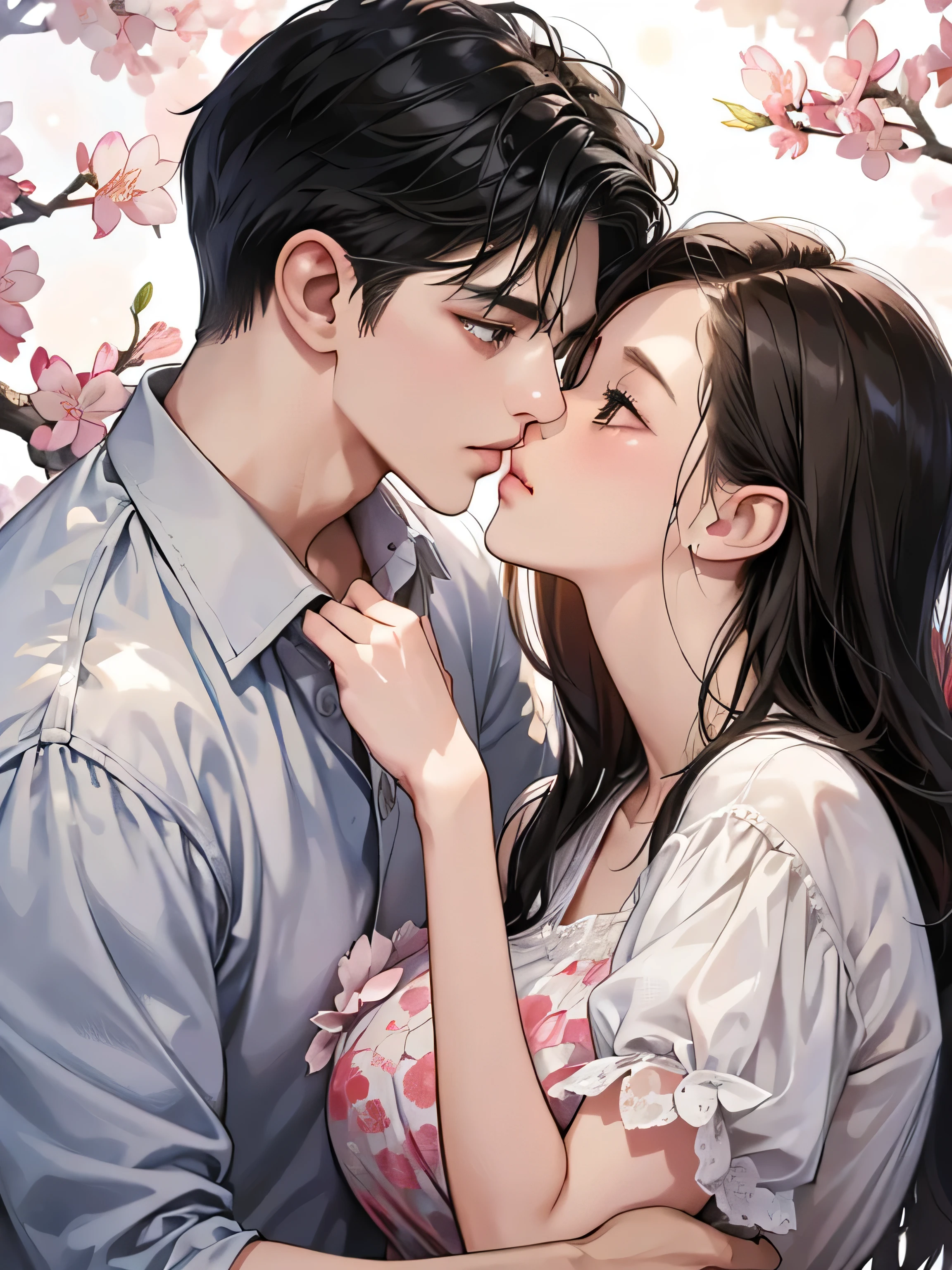 (masutepiece, Digital Art, Digital Illustration, 4K, 8K, Ultra-detailed, beautiful image, Sharp Image, Photorealistic, Raw photo, Perfect face, Perfect lines, Perfect eyes, Soft lighting) , a couple, 1 girl 1 boy, Hair color is different, Medium black hair and brown eyes, Short black hair and gray eyes, Romance, Lie on the ground, See the cherry blossoms、the kiss、Kissing、a couple、Lip touch, พื้นหลังเรียบๆ