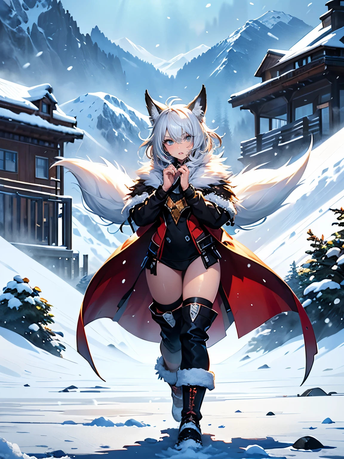girls, purple hair, cat ears, black and white jacket, blue armbands, in the city, night time, snowing, black gloves