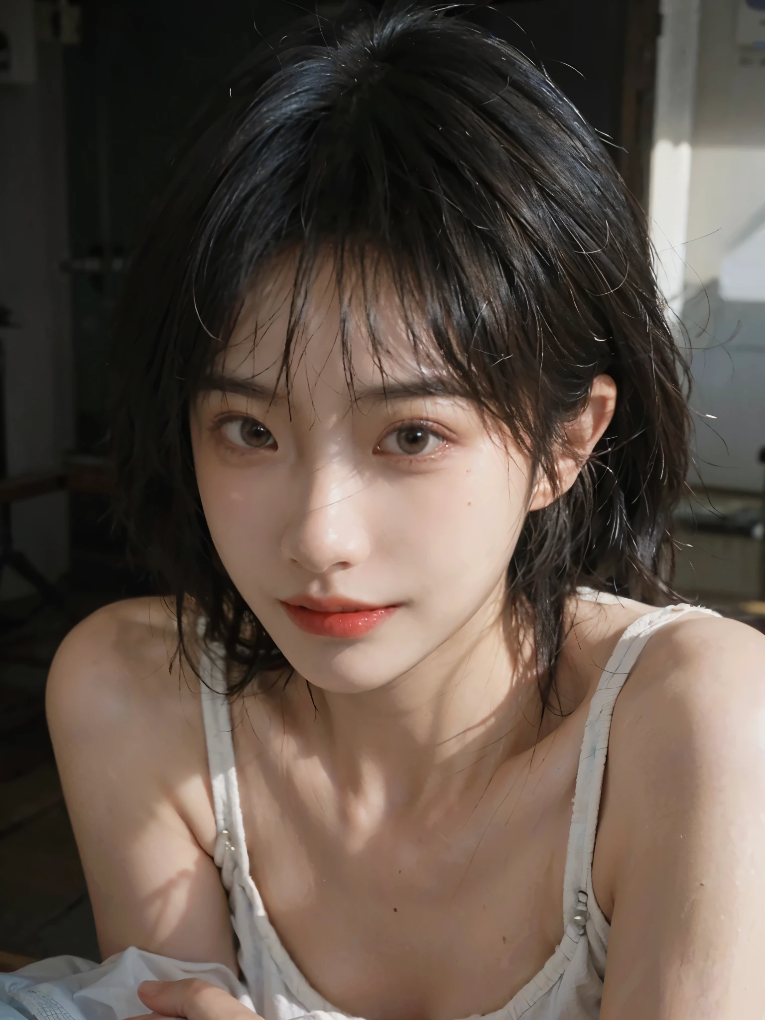 (Skin details:1.4), (smooth skin textures:1.3), (Upper body:1.4),(Upper Body:1.3)Lipstick, background, earrings, serene, calm, (Realistic and detailed eyes:1.2), Natural skin texture, Realistic facial details, Soft dramatic lighting, Vivid details, 35 mm film, outdoor, (Photo Practical:1.4), (hyper Practical:1.4), (Practical:1.3), (Smoother lighting:1.05), (Improve lighting quality:0.9), (Highest quality real skin textures:1.4), Exquisite eyes, Delicate face, Close-up of face, (Enhance the beauty of skin texture:1.1), Hair details,(Large Breasts:1.3)normal body ratio, short hair, Moles under the eyes, A faint smile,Portrait Photography, Depth of Field, Bokeh, Surrealism, Ray Tracing, (Portrait Photography:1.1), Surrealism, High Detail, Chiaroscuro, Ray Tracing, reflected light, Ultra HD, Ultra HD, masterpiece, Textured Skin, Super Detail, High Detail, high quality, best quality