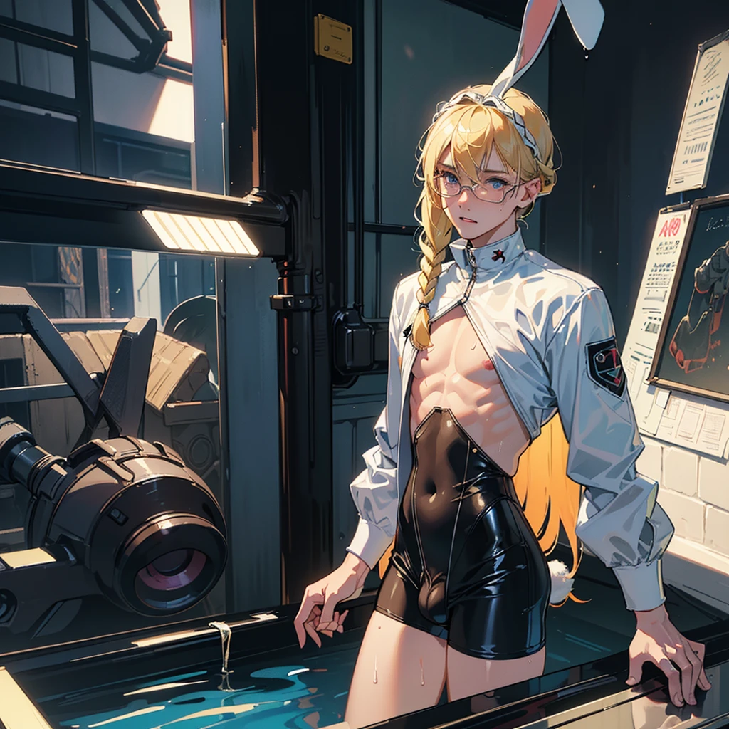 ((Best quality)), ((masterpiece)), (detailed:1.4), 3D, an image of a beautiful cyberpunk male, ((boy only)),not a girl,(2 boy),HDR (High Dynamic Range),Ray Tracing,NVIDIA RTX,Super-Resolution,Unreal 5,Subsurface scattering,PBR Texturing,Post-processing,Anisotropic Filtering,Depth-of-field,Maximum clarity and sharpness,Multi-layered textures,Albeo and Specular maps,Surface shading,Accurate simulation of light-material interaction,Perfect proportions,Octane Render,Two-tone lighting,Wide aperture,Low ISO,White balance,Rule of thirds,8K RAW,boy,gold hair,braid on one side,wet panties,Take the floral panties, Any color panties,can saw a trace on my panties dick,panties is very wet,The panties are so sheer you can see the penis,(idle),Spread legs,tattoo between legs,((The penis is shiny)),cute boy, cute face,((bulge panties)).like a , the skin is smooth and shiny,((Smooth figure, small body)),There are wrinkles in the underwear, (glasses), (((white penis))),They have small, white testicles,((limpy dick like a child)),(man chest),((Kneel with your legs spread apart)),blue eyes,(((The penis is extremely small and short and white color and like a kid))) ,(((The outfit covers all genitals))),(slender legs and arm),skin very smooth,Smooth stomach,Rabbit ears and rabbit tail,((The area between the legs bulges out)),can see the wrinkling of your penis through the clothes,child's body,Rabbit ears hanging down,Rabbit ears are fluffy,The clothes are transparent,black stockings,rubber Strap bodysuit,topless,((little Boyutfit, swimming Tight boyshorts pant,g-strings panties style,16 year old,((swimming costume)), background bathroom,The body and clothes are wet,((Long blonde hair braided on one side)),There is no curve between the legs,The penis bulges inside the crotch of the pants,plastic panties,striped panties.