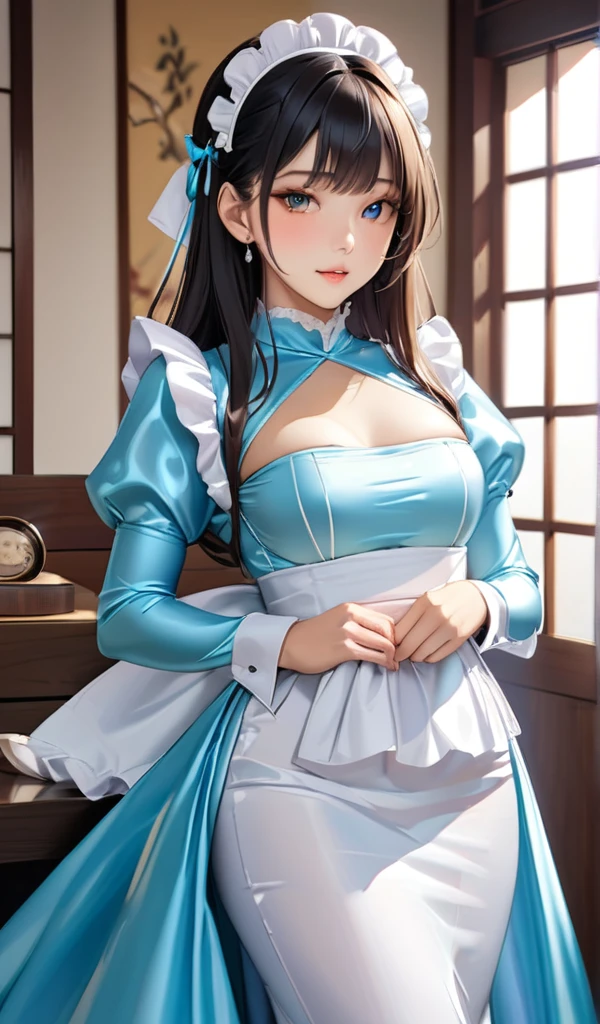 (masterpiece,highest quality,超A high resolution),Japanese women, (((Very beautiful 25 year old girl))), pretty girl、Satin maid dresses completely cover the body without revealing the chest area..、(Shiny light blue long sleeve maid dress)、High neck shirt、Mermaid-style long skirt、Satin