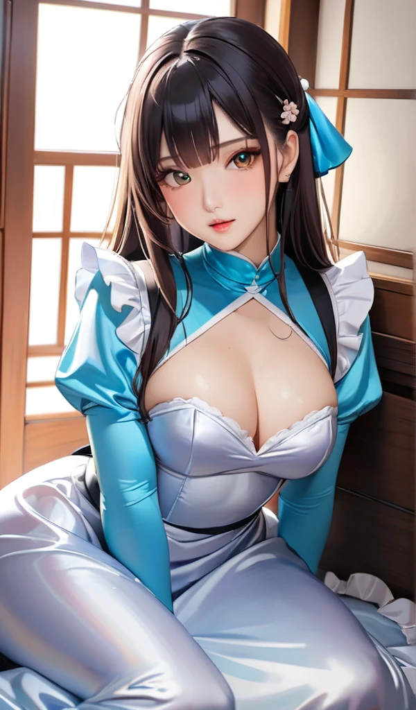 (masterpiece,highest quality,超A high resolution),Japanese women, (((Very beautiful 25 year old girl))), pretty girl、Satin maid dresses completely cover the body without revealing the chest area..、(Shiny light blue long sleeve maid dress)、High neck shirt、Mermaid-style long skirt、Satin