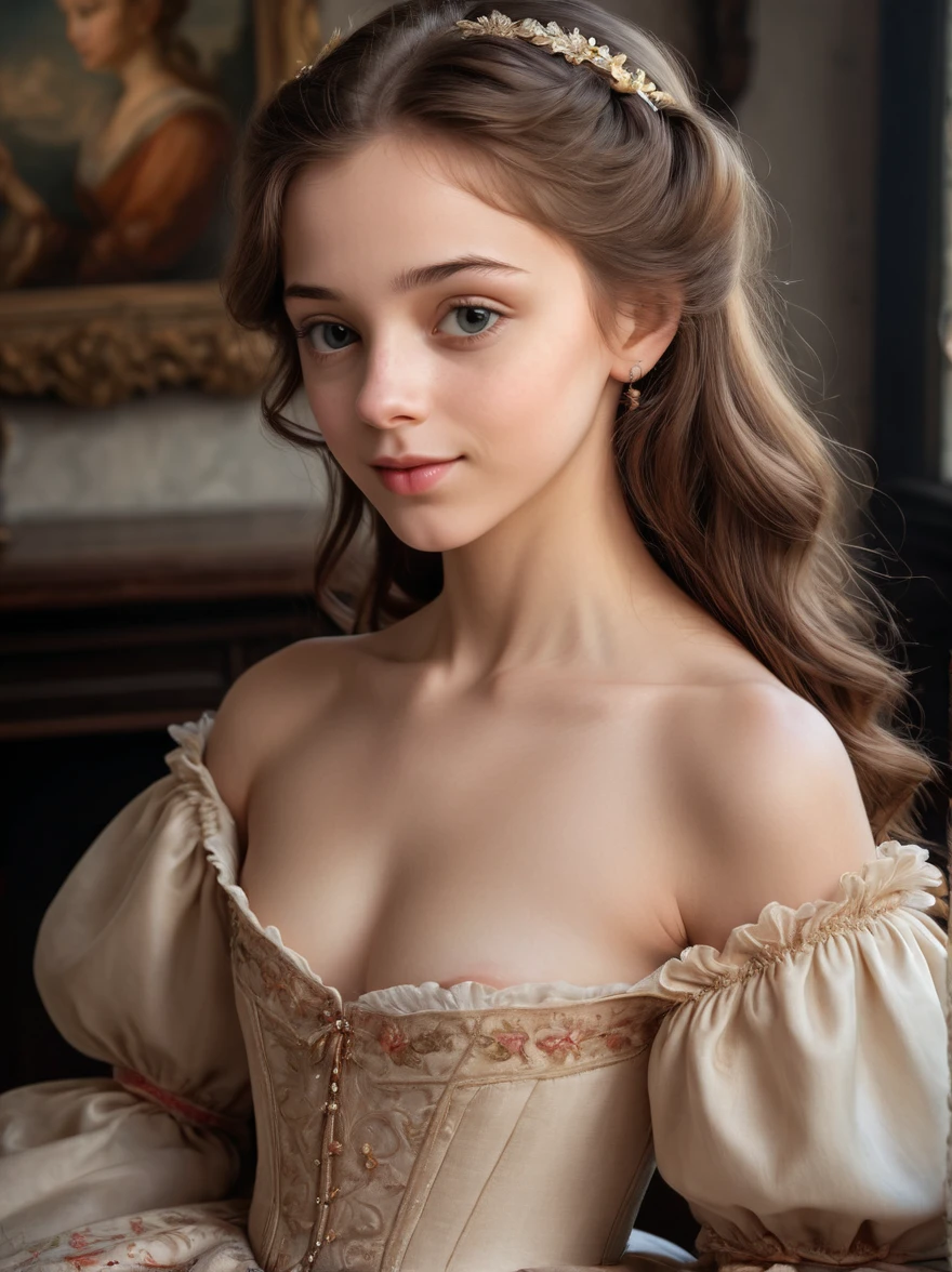 (best quality,4k,8k,highres,masterpiece:1.2), ultra-detailed, (realistic,photorealistic,photo-realistic:1.37),In the portrait of this enchanting 13-year-old girl, the daughter of a prosperous merchant during the flourishing 17th century in the Netherlands, every brushstroke captures the essence of her youth and nude innocence. Her golden locks cascade in gentle waves, adorned with ribbons and pearls that speak of her family's affluence. Each curl seems to dance in the light, framing her cherubic face with an air of purity and grace. Her eyes, wide and bright, reflect the curiosity and wonder of childhood, as if every glance is filled with endless possibilities. Her rosy cheeks flush with vitality, a testament to her health and happiness in the embrace of her privileged upbringing. A delicate dimple graces her smile, adding a touch of sweetness to her countenance that is as charming as it is captivating. Dressed in the finest silks and lace, her gown whispers softly with every movement, a symphony of luxury and refinement. Embroidered motifs and intricate details adorn her attire, showcasing the exquisite craftsmanship of the era and her family's esteemed status in society. In her hands, she holds a posy of fresh flowers, their vibrant colors mirroring the bloom of her youth. With each delicate petal, she seems to embody the essence of spring itself, a beacon of hope and renewal in a world filled with uncertainty. This portrait of the 12-year-old daughter of a prosperous Dutch merchant is not just a representation of beauty; it's a window into a bygone era of elegance, privilege, and the timeless innocence of youth.sexy cleavage
