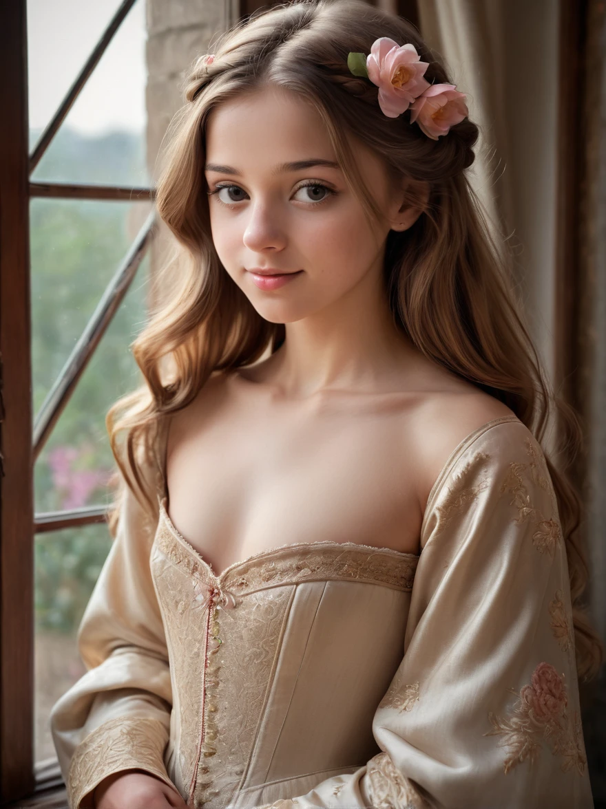 (masterpiece, Highest quality:1.1), (ultra detailed 8k cg:1.2), (hyperRealistic:1.35), (PhotoRealistic:1.45), (Realistic:1.4), [Cowboy Shot], (Soft lighting), Beautiful Russian girls, 16 years old,(crown braid hair),dutch,midium hair,Put your hands in your hair, Underarm, Please raise your hand,(Flat Chest:1.2),upwards petit tits,nipples,thin waist,