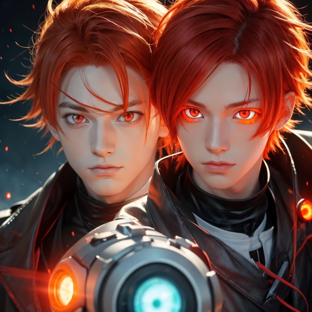 Anime boy with red hair and orange eyes, Glowing red eyes, Anime boy with orange hair, with Glowing red eyes, Stunning Anime Face Portraits, His eyes were glowing red, Glowing red eyes, Bright red hair and red eyes, With eyes that glow red, My eyes are completely red no pupils, Handsome men from Demon Slayer, My eyes are completely red, Realistic anime art style