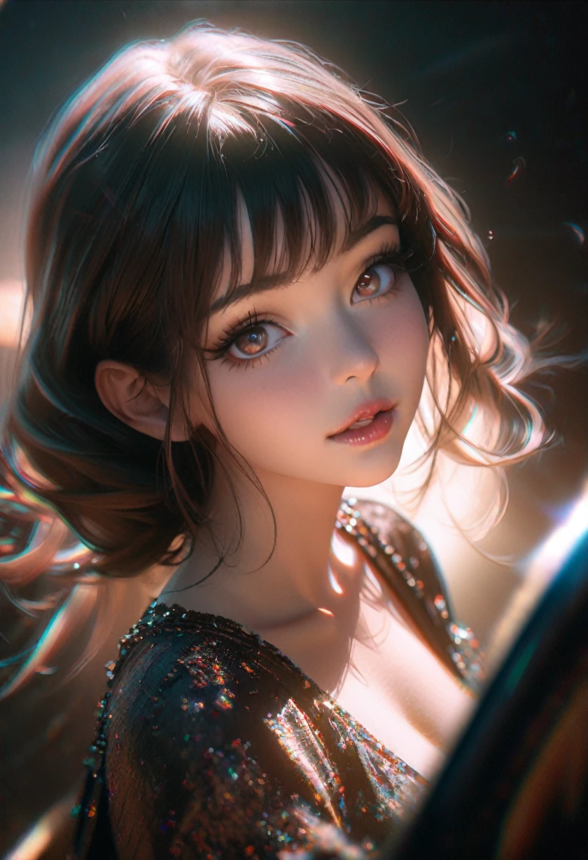 (8k, RAW Photos, Realistic:1.25) ,( Lip gloss, eyelash, Glossy surface, Glowing Skin, Highest quality, Ultra-high resolution, Written boundary depth, chromatic aberration, Caustics, Wide Lighting, Natural Shading,K-POPアイドル) She stares silently at the viewer, Happiness like a goddess.Bouncing,