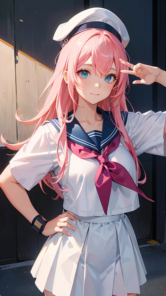 UHD, anatomically correct, super detail, high details, best quality, textured skin, masterpiece, accurate, highres, award winning, streaked hair(pink and blue), highlights hair,, hair over shoulder, hair over eyes, light smile, Sailor, sailor uniform, cap, saluting, Hands on hips