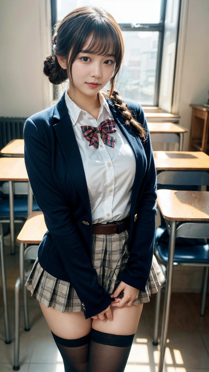 masterpiece, best quality, illustration, Super detailed, fine details, High resolution, 8K,wall paper, perfect dynamic composition,(Details High quality, realistic depiction of eyes:1.3), from side, High School Classroom、High school girl uniform、blazer 、Super Short Check Uniform Skirt、Navy blue high socks、garterbelts、plump breasts, Disturbed uniform,  (updo:1.2), black hair color, large breasts, Big Natural Color Lip, bold sexy pose, (perfect body shape), crying a little、20 year old girl、cute type, beautiful legs, hposing Gravure Idol, Voluptuous thighs