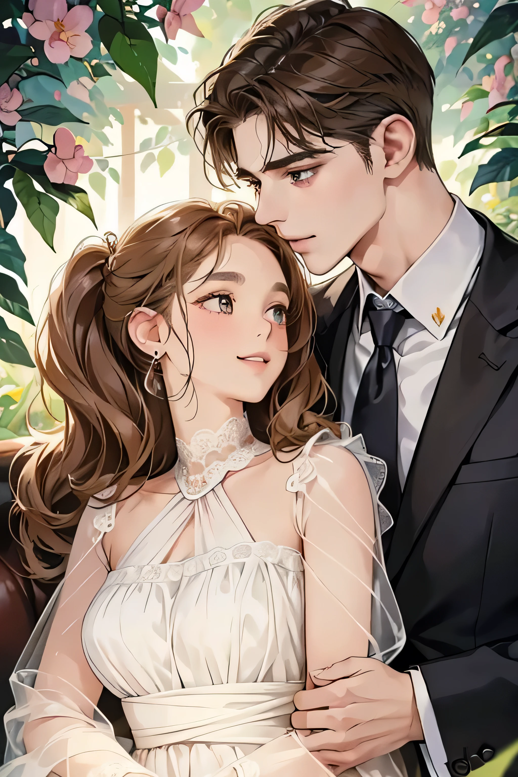 (table top, digital illustration, 4k, 8k, Super detailed, beautiful images, clear image, perfect face, perfect lines, perfect eyes, soft lighting) 1 female, (light brown hair,chignon hair,innocent look,droopy eyebrows,droopy eyes、With a round face,round chin、innocence,cute,Big eyes,natural makeup,smile gently,E cup,23 years old:1.3),Two handsome men in suits, (human,man in suit,muscular,solid shoulder width, boyish hairstyle,A man in his 30s with a cool expression,28 year old man with a bright smile:1.2),garden full of light、lots of flowers、Squirting、colorful flower light,(embarrassing,shy smile:1.2),resort sofa,kiss、カップルkiss、romance porn、couple of man and woman hugging each other、