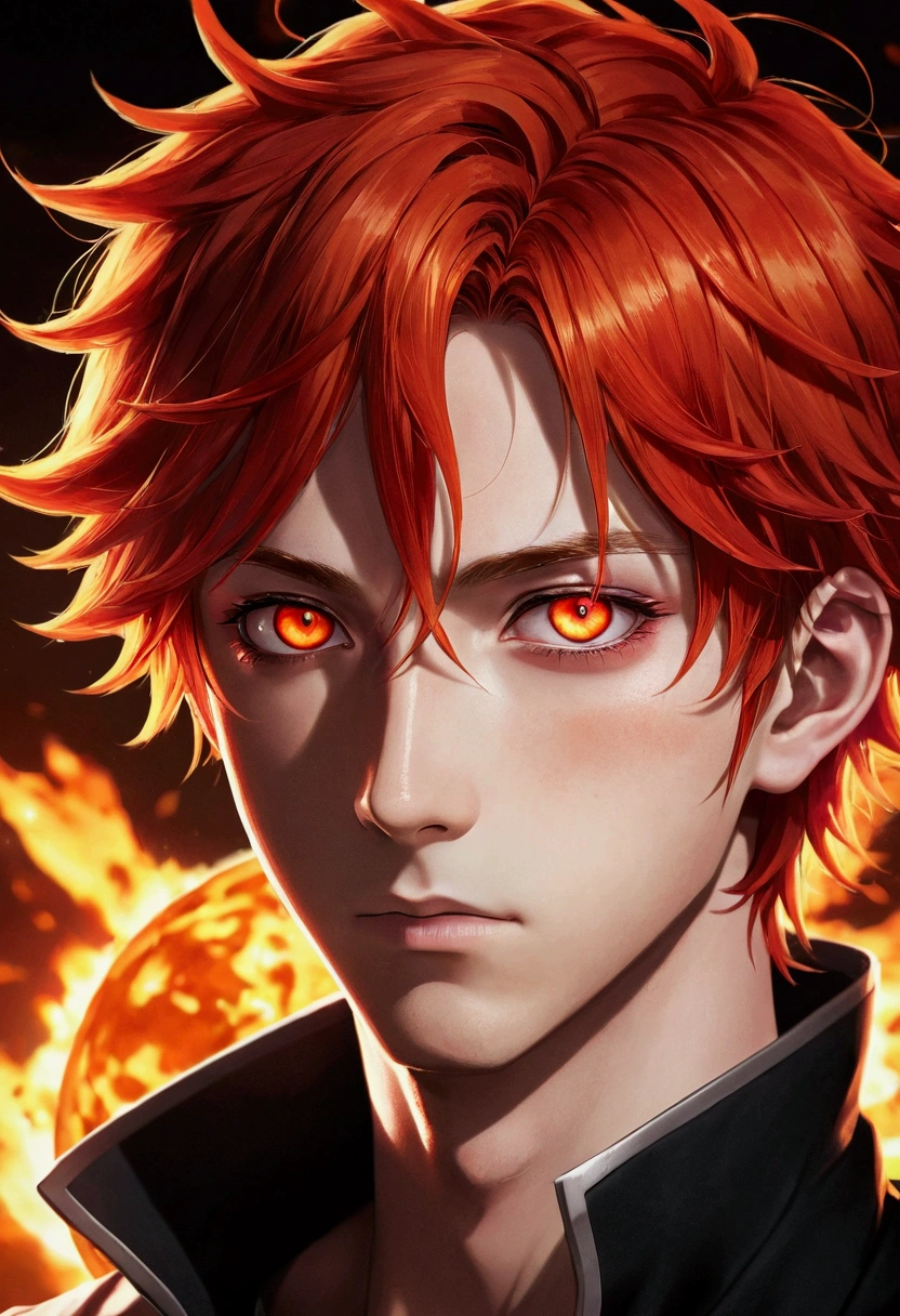 Anime boy with red hair and orange eyes, Glowing red eyes, Anime boy with orange hair, with Glowing red eyes, Stunning Anime Face Portraits, His eyes were glowing red, Glowing red eyes, Bright red hair and red eyes, With eyes that glow red, My eyes are completely red no pupils, Handsome men from Demon Slayer, My eyes are completely red
