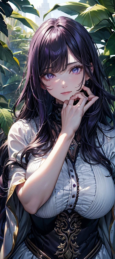 a beautiful detailed woman with long purple hair, extremely detailed face and eyes, dramatic lighting, dramatic colors, high quality, professional, cinematic, glowing skin, tropical plants, big breasts, (best quality,4k,8k,highres,masterpiece:1.2),ultra-detailed,(realistic,photorealistic,photo-realistic:1.37),HDR,UHD,studio lighting,ultra-fine painting,sharp focus,physically-based rendering,extreme detail description,
