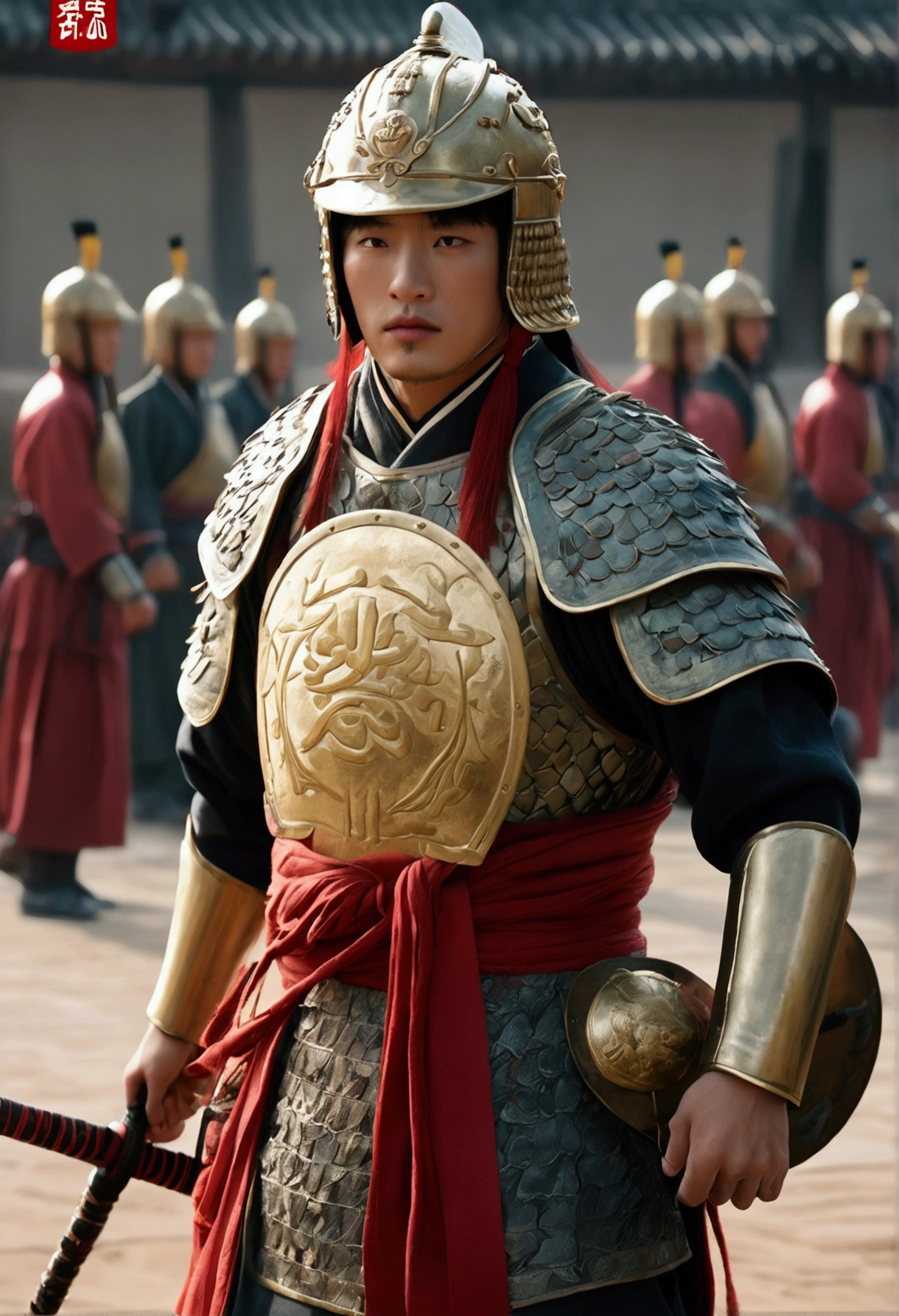 Chinese soldiers, shield, sword, Combat-ready armor, Disciplined formation, Powerful Warrior, intricate designs on shield and sword, Determined Soldier, Ancient battlefields, Intense battle scenes, Heroic deeds, Reenactment of a historical battle, A well-crafted weapon, Highly skilled soldiers, Synchronized movement, Martial Arts Spirit, Traditional Chinese wars, Legendary battles, Strategic war tactics, Honor and courage, Resolute expression, Adrenaline rushing moment, military precision, Friendship on the Battlefield, History of Ancient China, Iconic ancient symbols, Decorated armor, Epic clash, Patriotic Soldier, Battle cry, Fierce fighting spirit, Unwavering dedication, Ancient warrior culture, Great martial arts pose, Crimson and gold color scheme, Battle-hardened soldier, Rich historical background. (Highest quality,4K,8k,High resolution,masterpiece:1.2), Very detailed, (Realistic,photoRealistic,photo-Realistic:1.37), High resolution, 超High resolution, Studio Lighting, Ultra-fine painting, Sharp focus, Physically Based Rendering, Very detailed説明, Professional, Vibrant colors, Bokeh, Portraiture, Ancient War Landscapes, Traditional Chinese Painting Techniques, Atmospheric lighting, Dynamic pose, Complex battle scenes, Vivid color contrast, Visually stunning composition, A fantastic atmosphere, Heroic atmosphere.