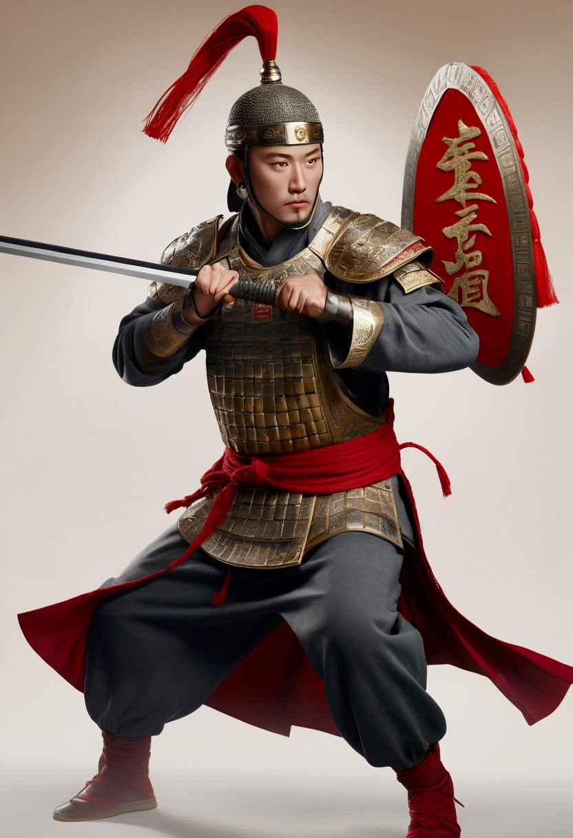 Chinese soldiers, shield, sword, Combat-ready armor, Disciplined formation, Powerful Warrior, intricate designs on shield and sword, Determined Soldier, Ancient battlefields, Intense battle scenes, Heroic deeds, Reenactment of a historical battle, A well-crafted weapon, Highly skilled soldiers, Synchronized movement, Martial Arts Spirit, Traditional Chinese wars, Legendary battles, Strategic war tactics, Honor and courage, Resolute expression, Adrenaline rushing moment, military precision, Friendship on the Battlefield, History of Ancient China, Iconic ancient symbols, Decorated armor, Epic clash, Patriotic Soldier, Battle cry, Fierce fighting spirit, Unwavering dedication, Ancient warrior culture, Great martial arts pose, Crimson and gold color scheme, Battle-hardened soldier, Rich historical background. (Highest quality,4K,8k,High resolution,masterpiece:1.2), Very detailed, (Realistic,photoRealistic,photo-Realistic:1.37), High resolution, 超High resolution, Studio Lighting, Ultra-fine painting, Sharp focus, Physically Based Rendering, Very detailed説明, Professional, Vibrant colors, Bokeh, Portraiture, Ancient War Landscapes, Traditional Chinese Painting Techniques, Atmospheric lighting, Dynamic pose, Complex battle scenes, Vivid color contrast, Visually stunning composition, A fantastic atmosphere, Heroic atmosphere.